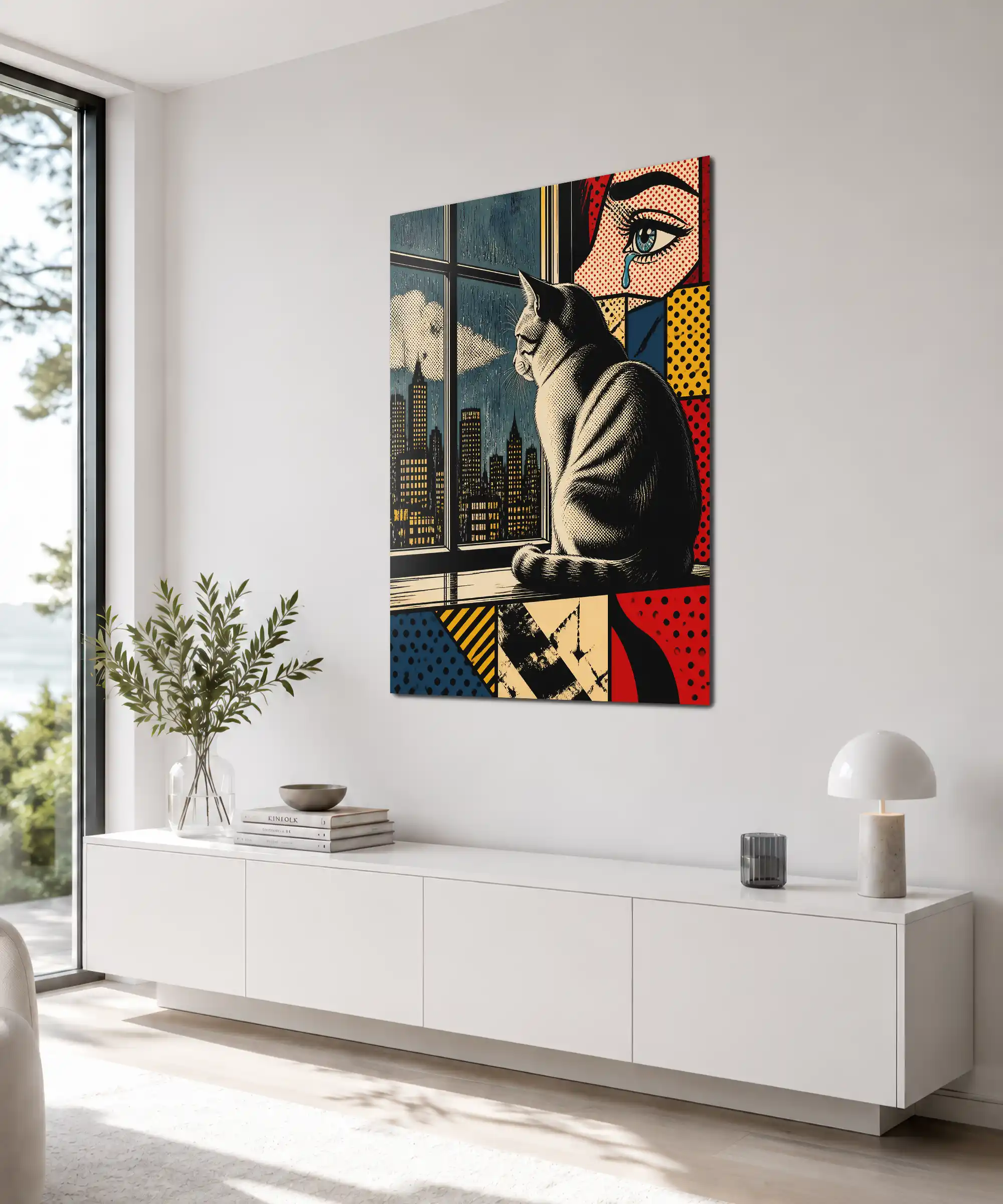 Midnight Cat Aesthetic Poster 4 painting Angled urban cat poster in a room with halftone panels, skyline imagery, and bold colors