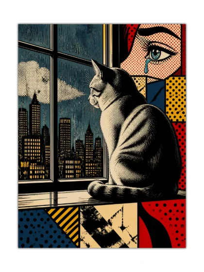 Black and white cat poster with city skyline, comic panels, and a tearful illustrated eye