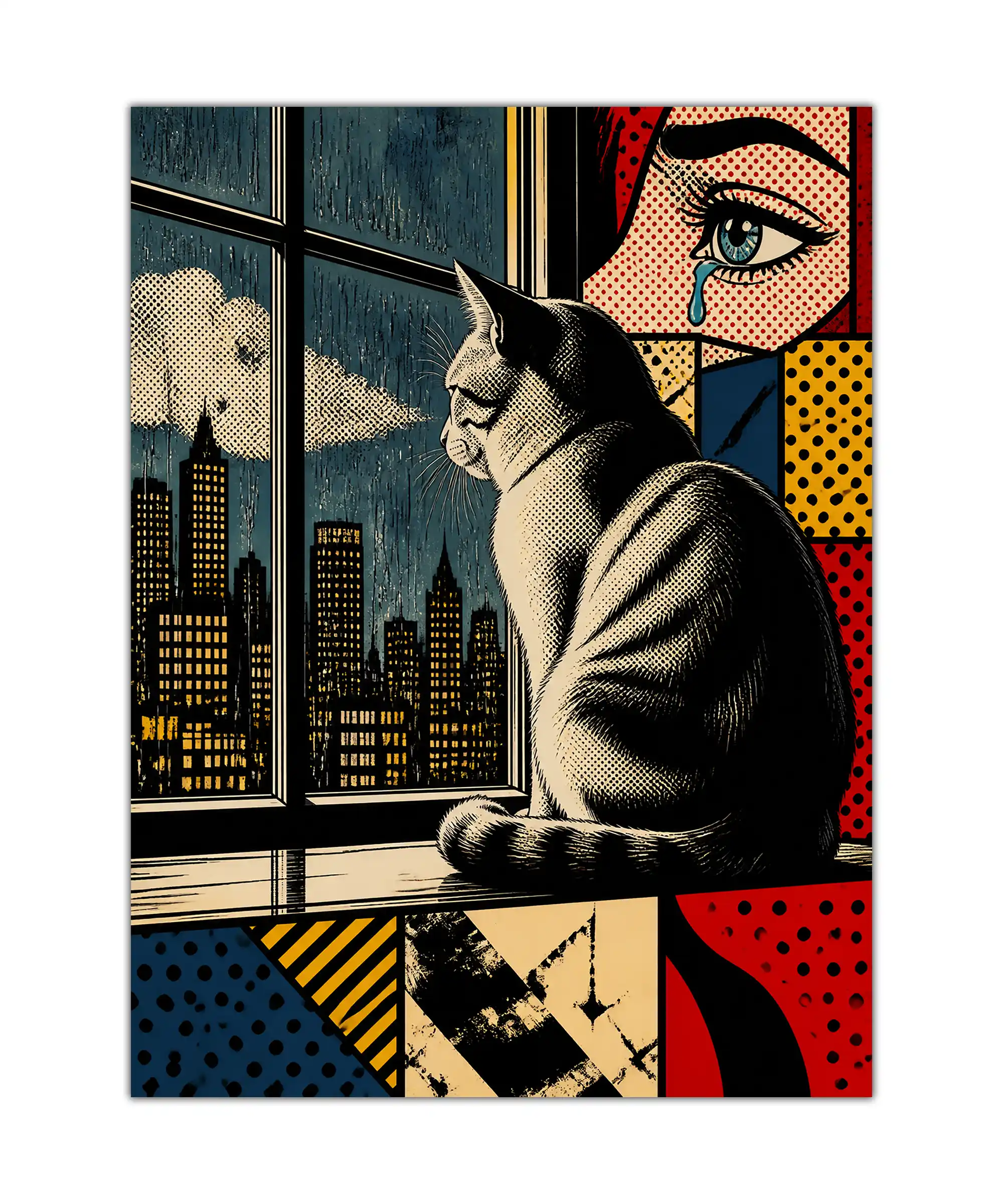 Midnight Cat Aesthetic Poster 1 painting Black and white cat poster with city skyline, comic panels, and a tearful illustrated eye