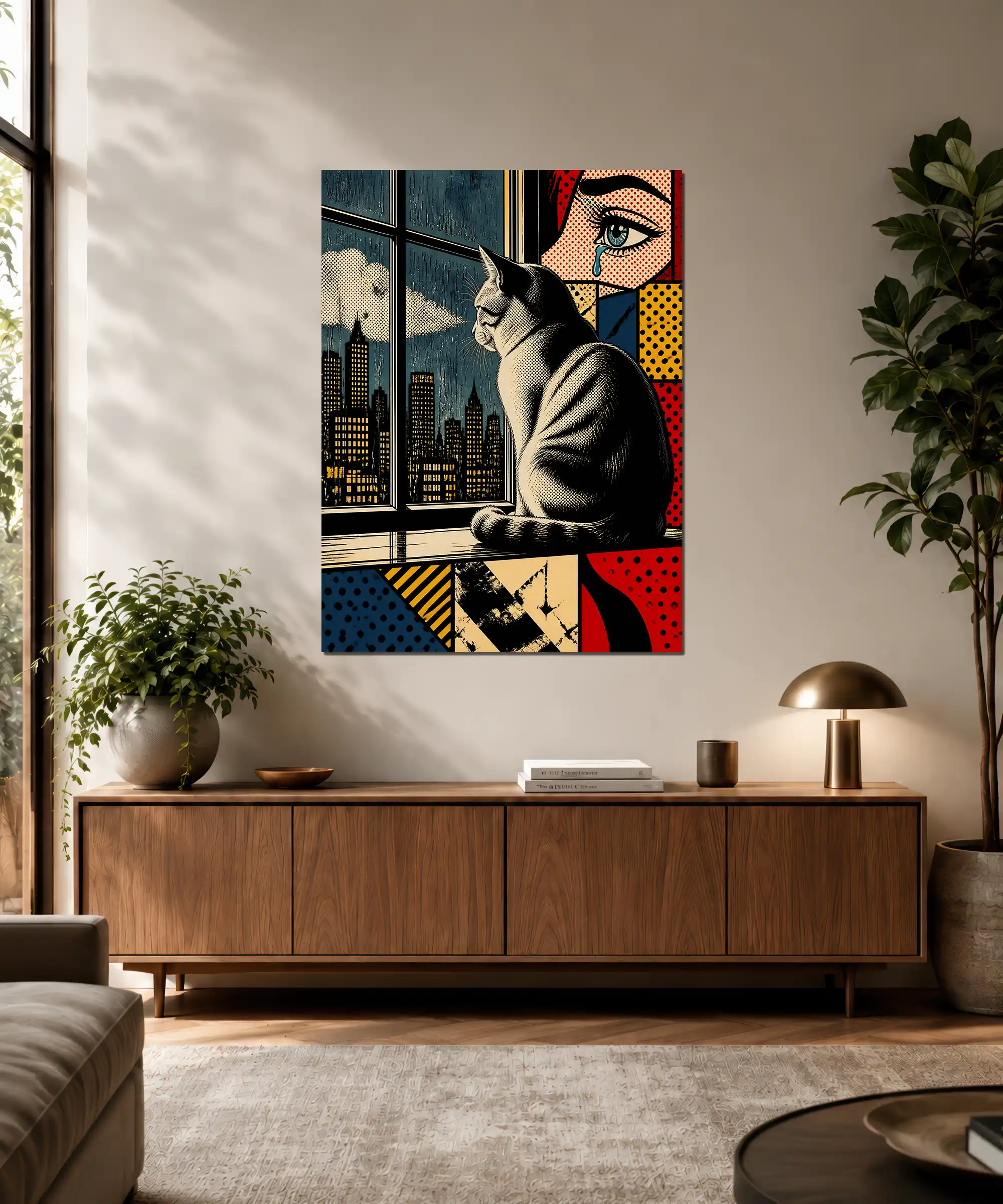 Midnight Cat Aesthetic Poster 3 painting Midnight cat poster displayed in an interior with city skyline and graphic comic-book details