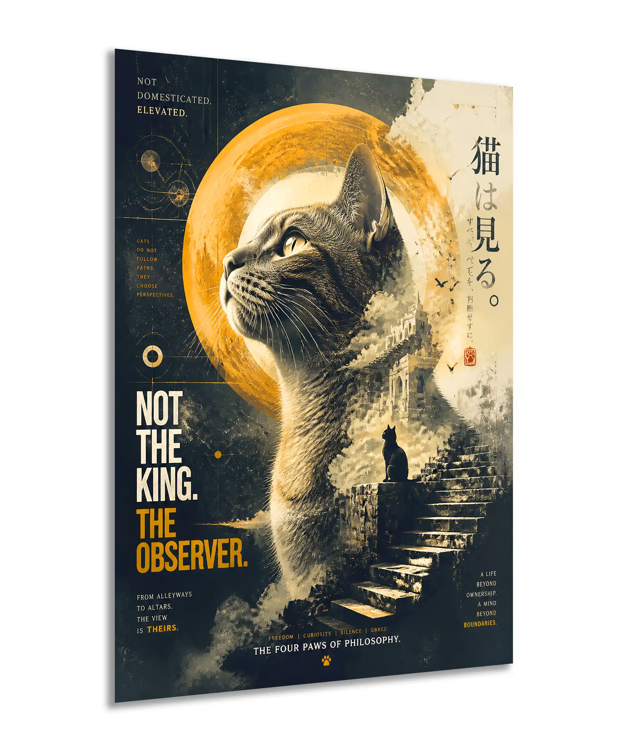 Observer Cat Aesthetic Poster 2 painting Angled Observer Cat poster featuring a feline portrait, ruined stairs, and amber vintage details