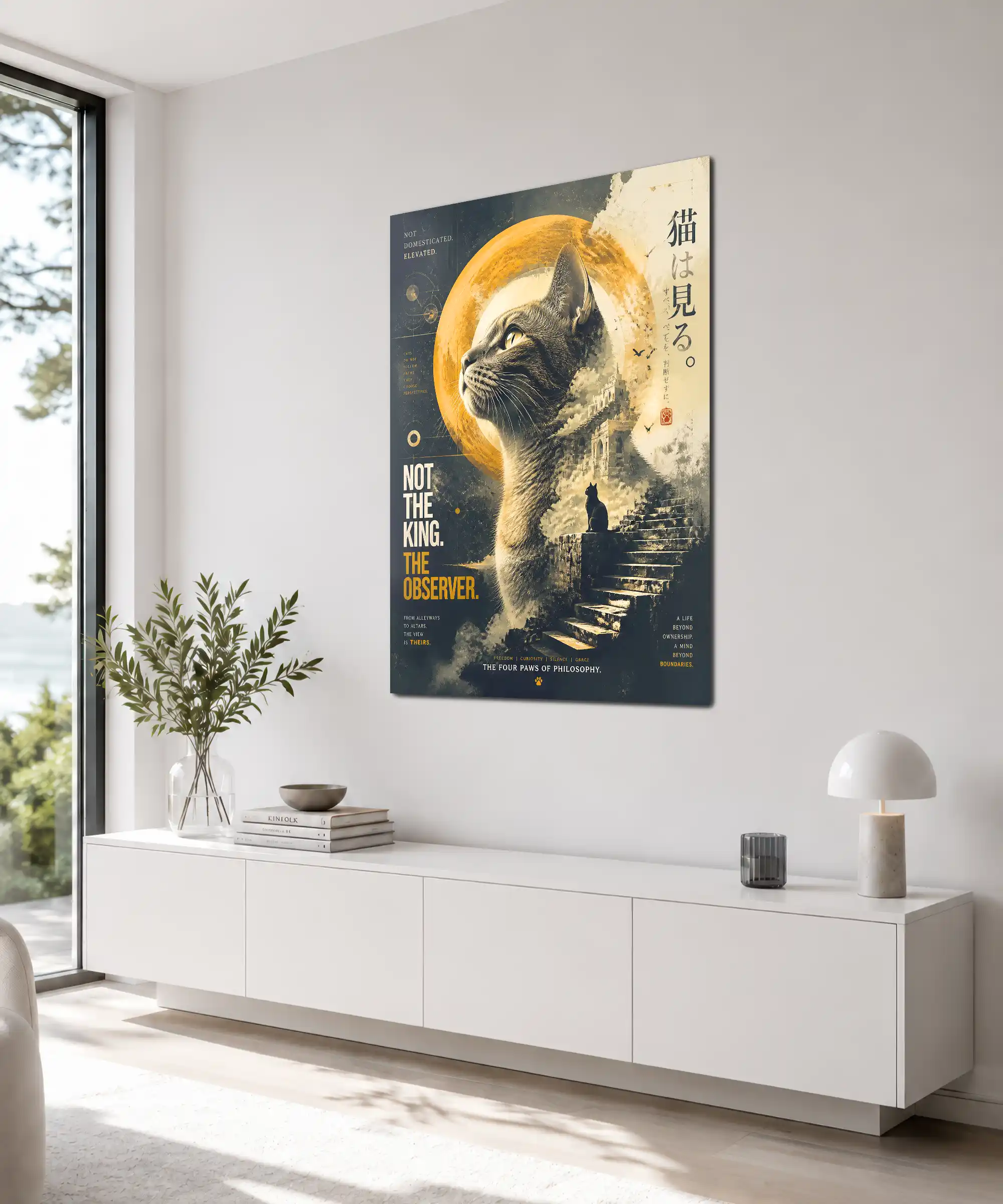 Observer Cat Aesthetic Poster 4 painting Angled cat wall art in an interior with vintage collage styling and mysterious golden light