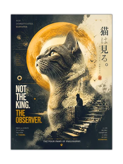 Watchful cat poster with amber halo, ancient ruins, and vintage surreal collage design
