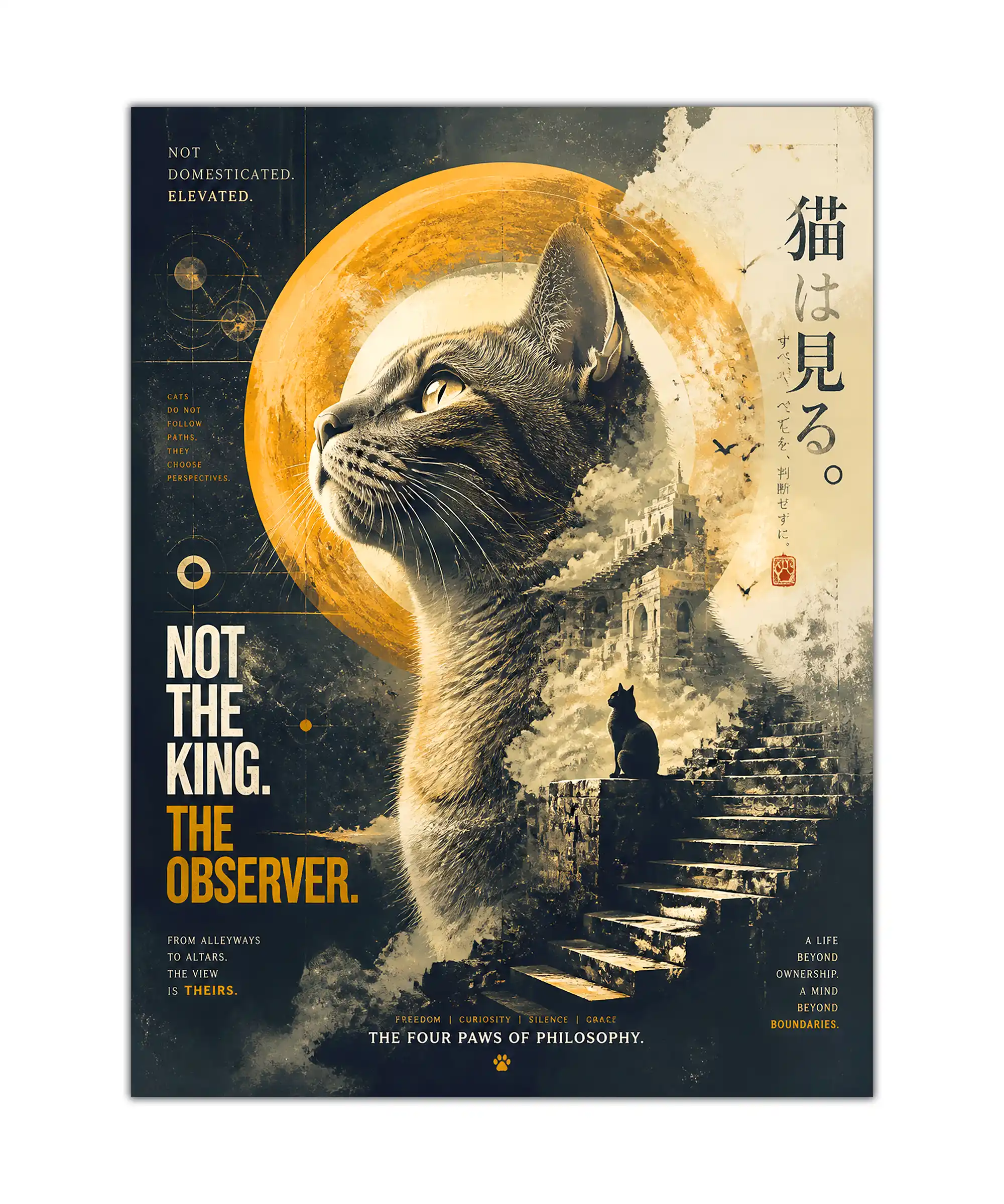 Observer Cat Aesthetic Poster 1 painting Watchful cat poster with amber halo, ancient ruins, and vintage surreal collage design