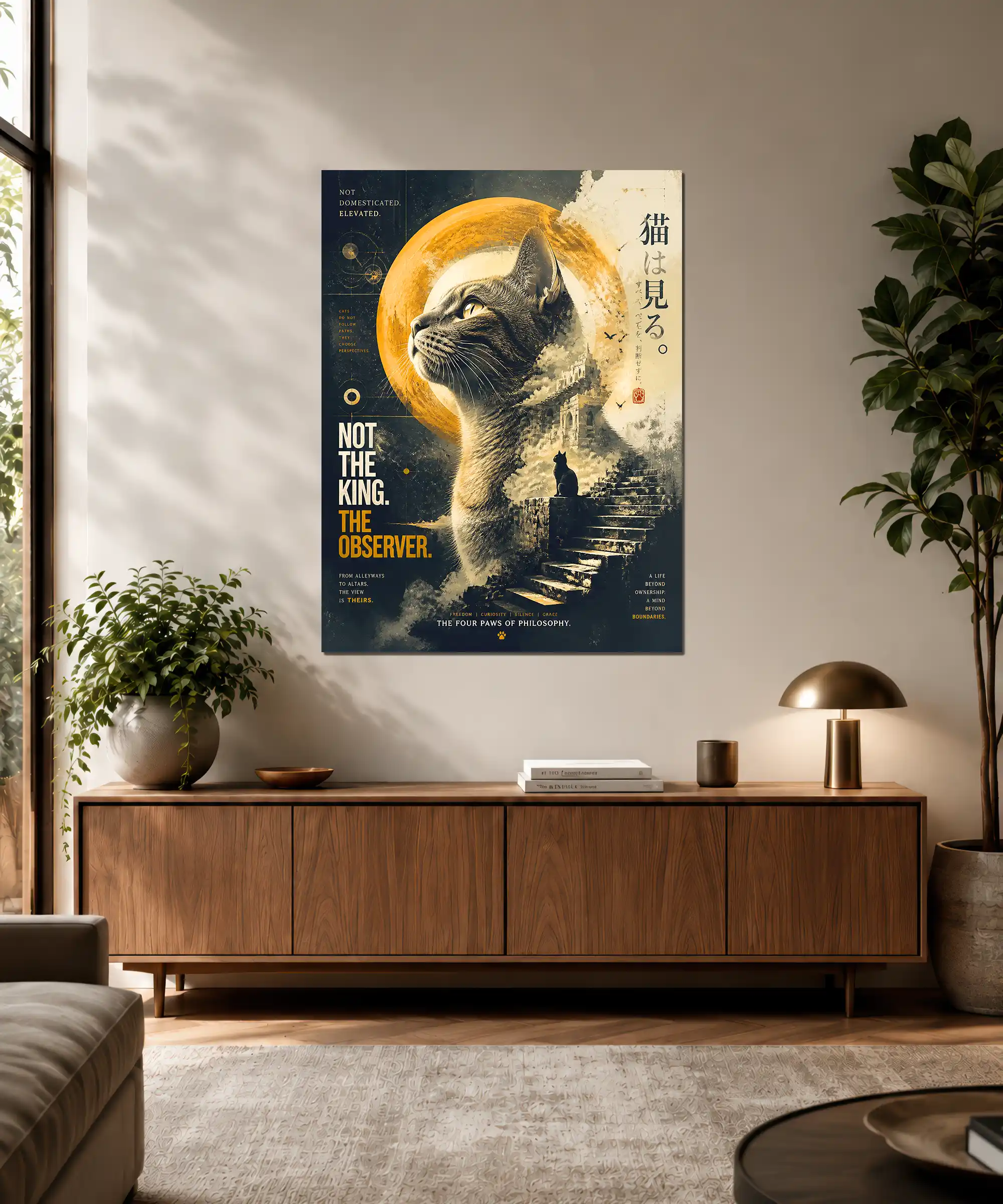 Observer Cat Aesthetic Poster 3 painting Observer Cat wall poster displayed in an interior with ancient ruins and moody amber colors