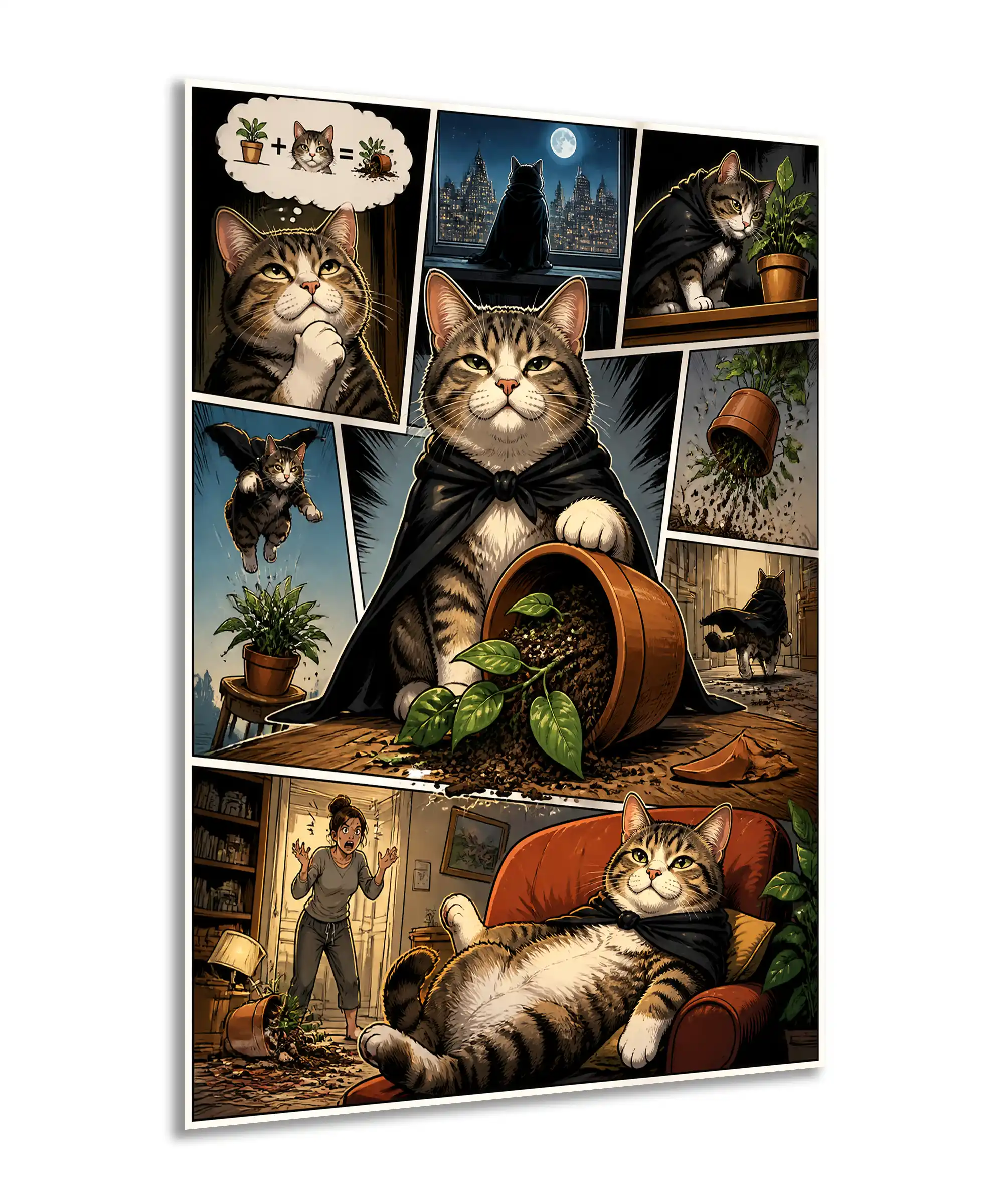 Plant Menace Cat Poster 2 painting Angled poster showing a caped tabby cat and ruined houseplants in comic scenes