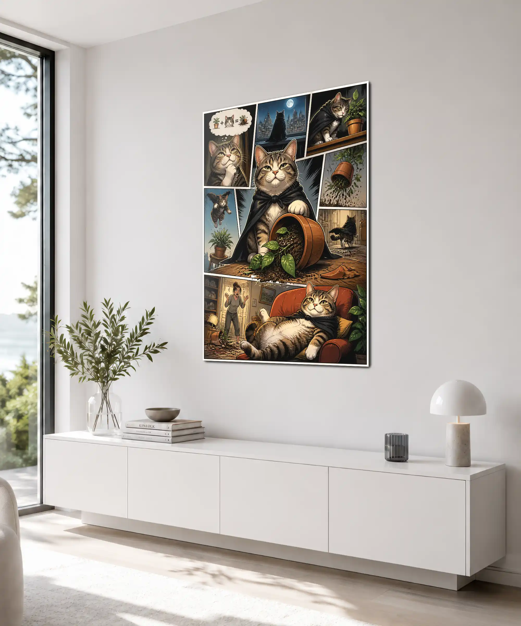 Plant Menace Cat Poster 4 painting Angled Plant Menace cat wall art displayed indoors with tabby cat panels
