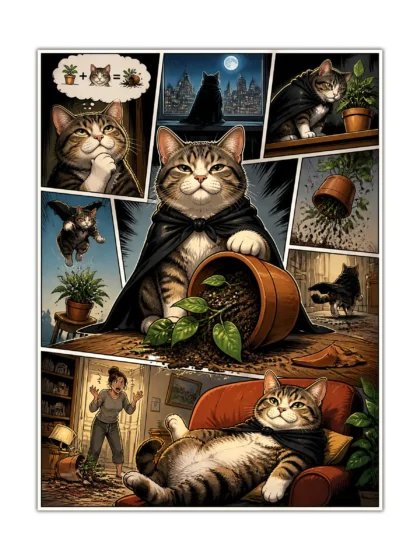 Tabby cat in a black cape causing houseplant chaos in a comic poster