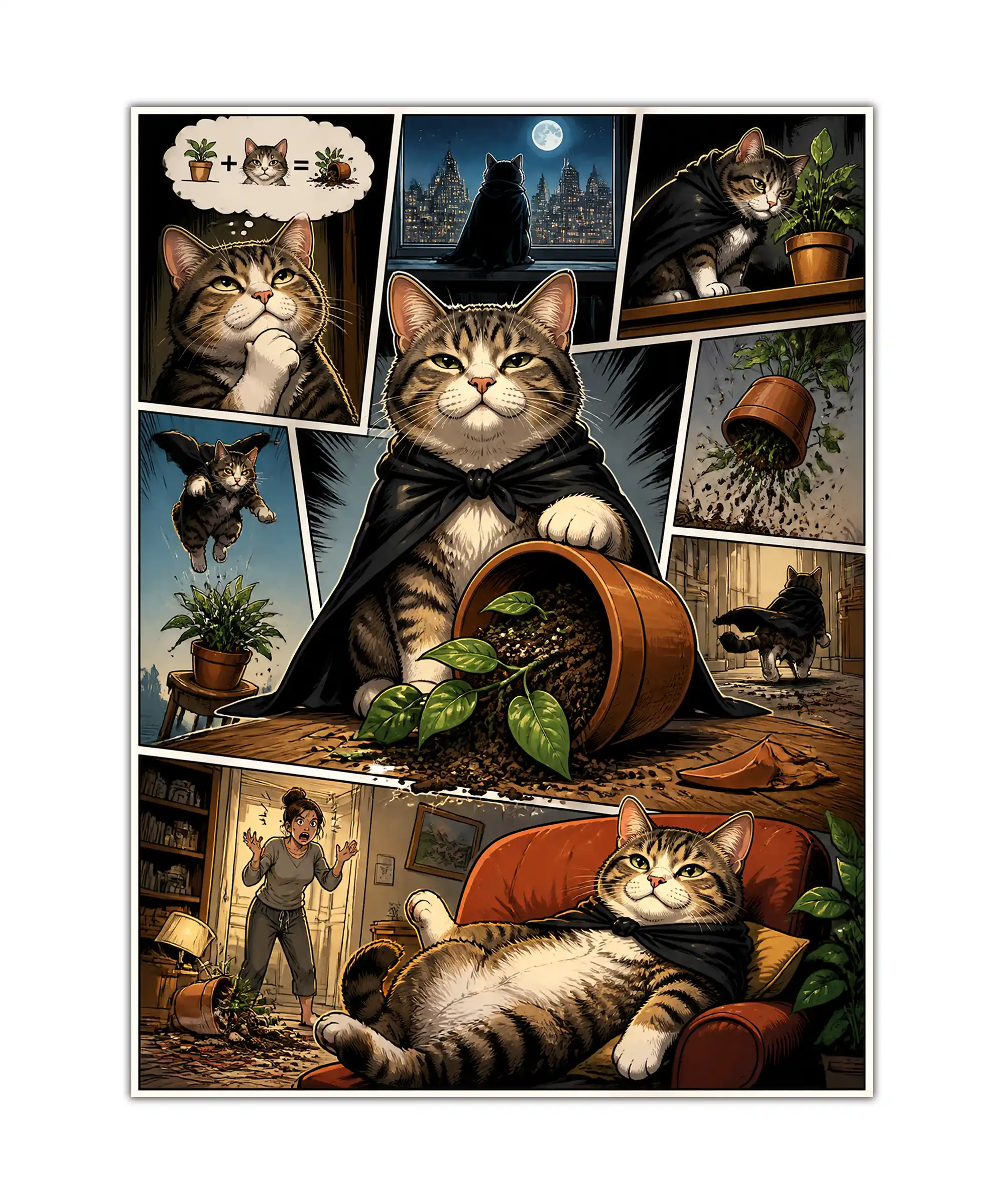 Plant Menace Cat Poster 1 painting Tabby cat in a black cape causing houseplant chaos in a comic poster