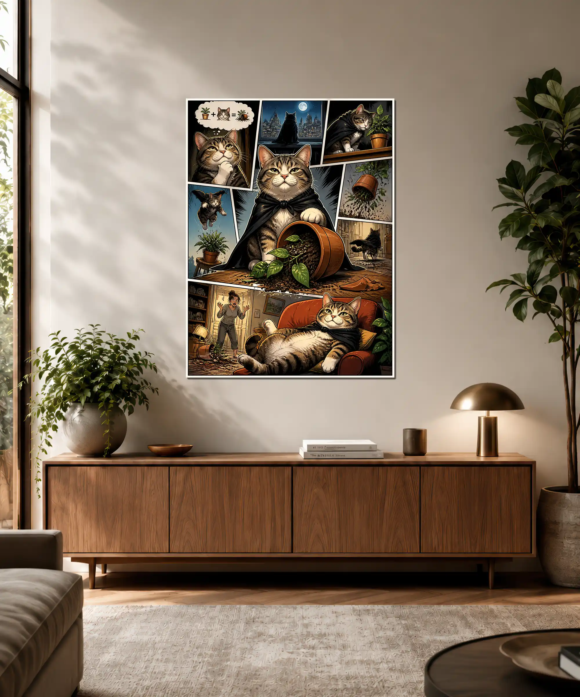Plant Menace Cat Poster 3 painting Plant Menace cat poster displayed in an interior with comic houseplant scenes