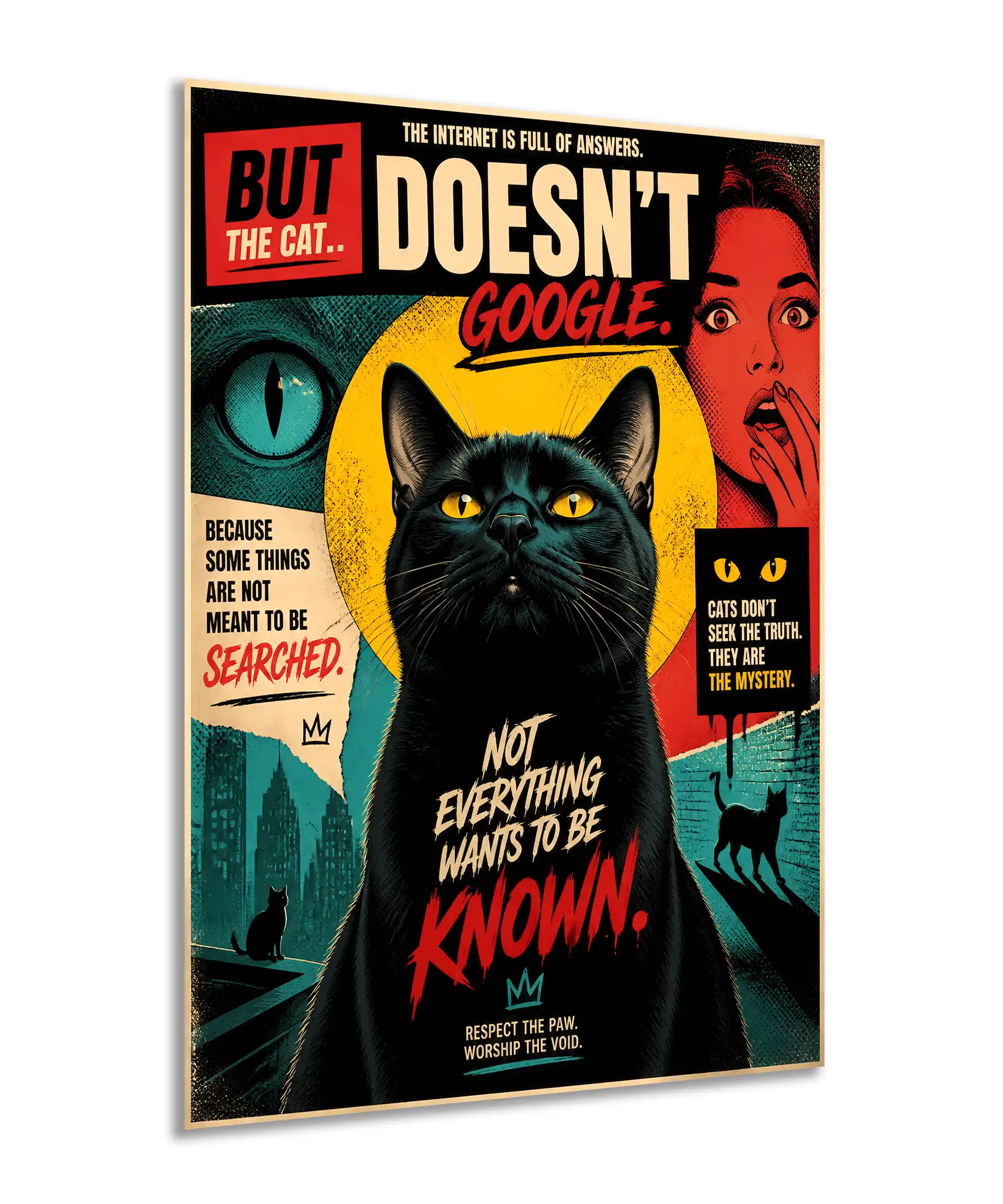 Mystery Cat Cat Poster 2 painting Angled black cat wall poster with retro comic graphics and vivid yellow, red, and teal colors