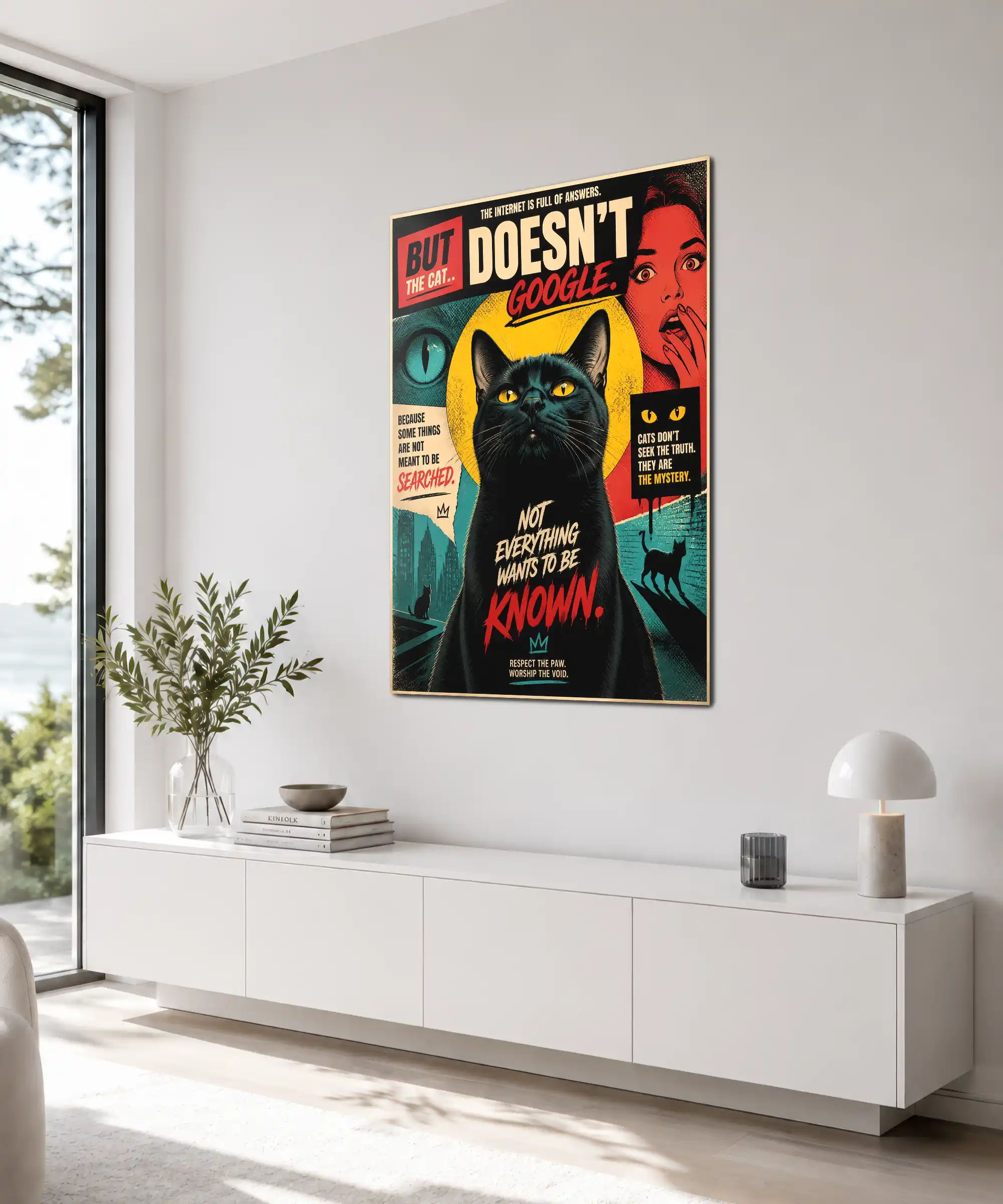 Mystery Cat Cat Poster 4 painting Angled mystery cat poster in a room with glowing eyes, urban scenes, and retro lettering