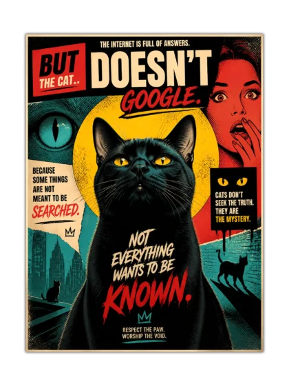 Black cat poster with glowing yellow eyes, bold red and teal graphics, and mysterious text