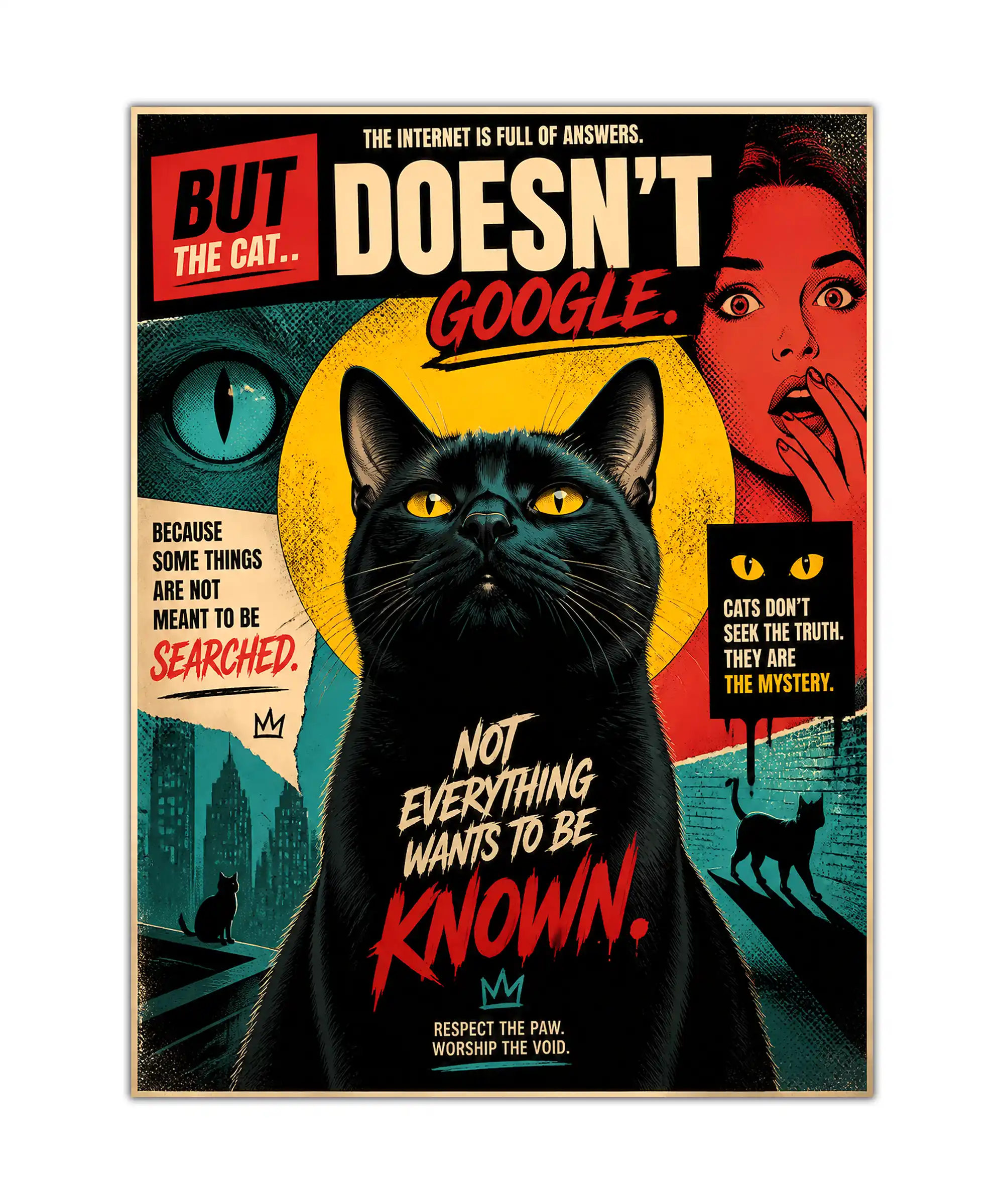 Mystery Cat Cat Poster 1 painting Black cat poster with glowing yellow eyes, bold red and teal graphics, and mysterious text