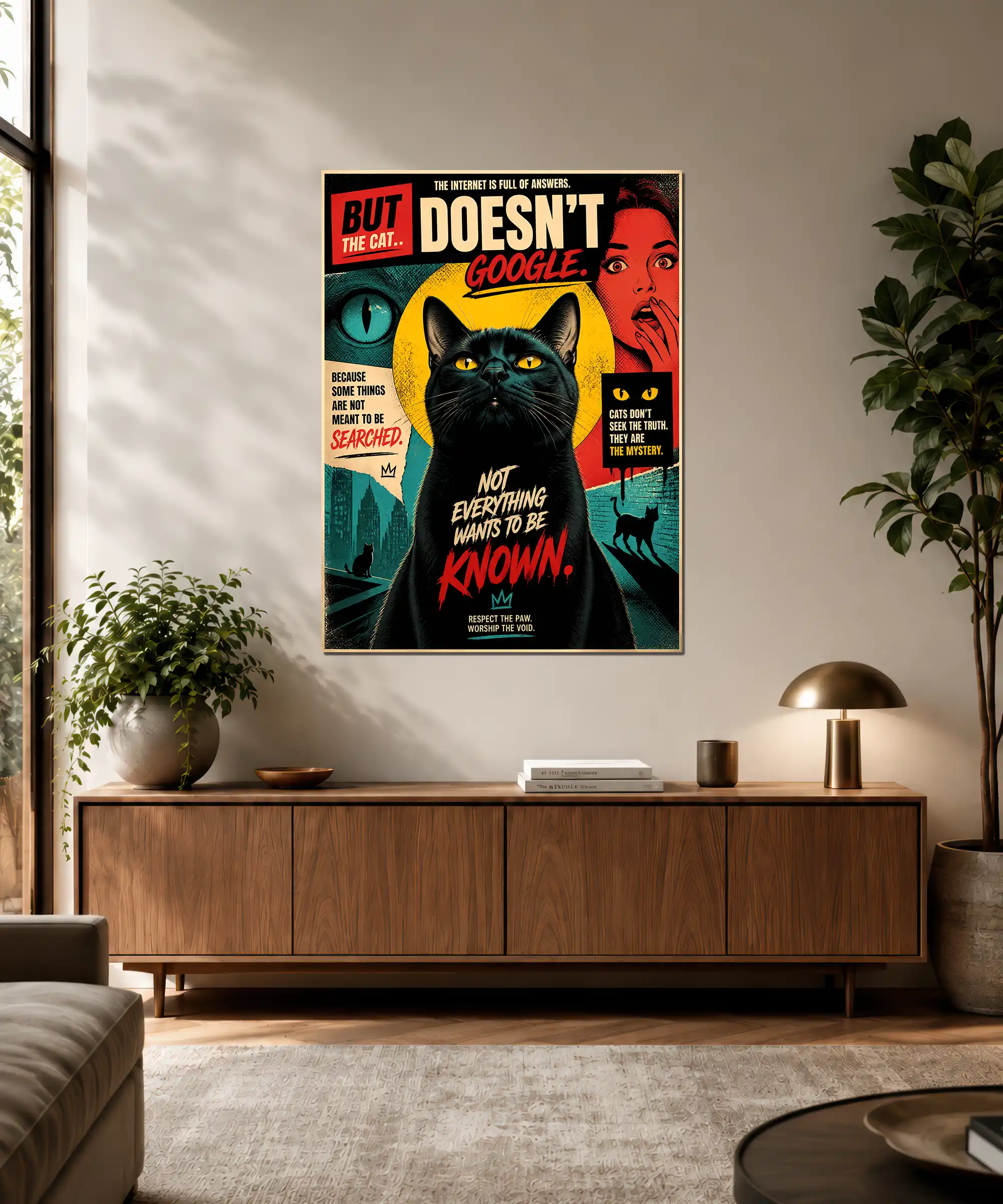 Mystery Cat Cat Poster 3 painting Black cat mystery poster displayed in an interior with bold retro colors and graphic detail