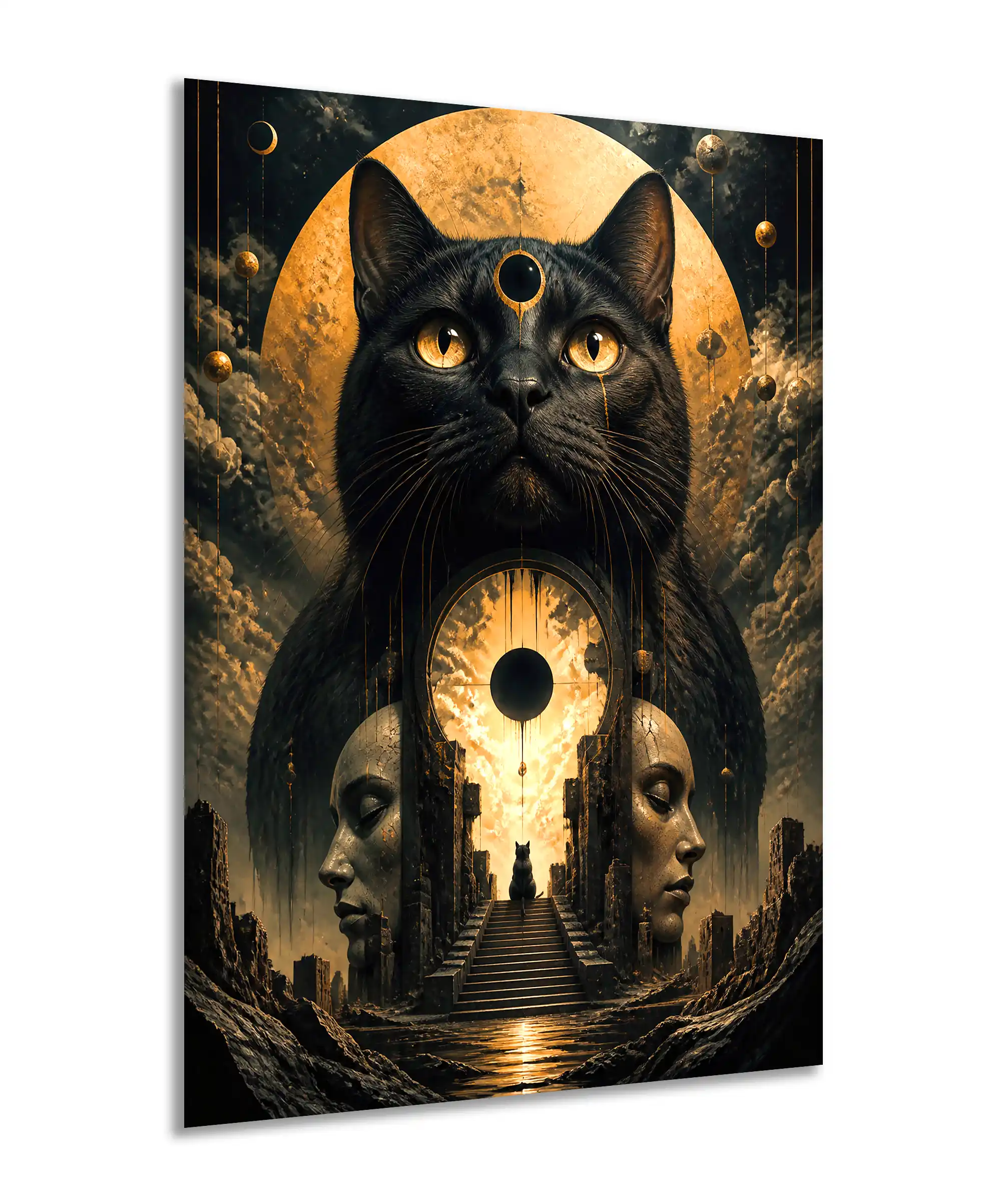 Mystic Cat Surreal Poster 2 painting Angled black cat poster showing cosmic ruins, golden light, and mirrored stone faces