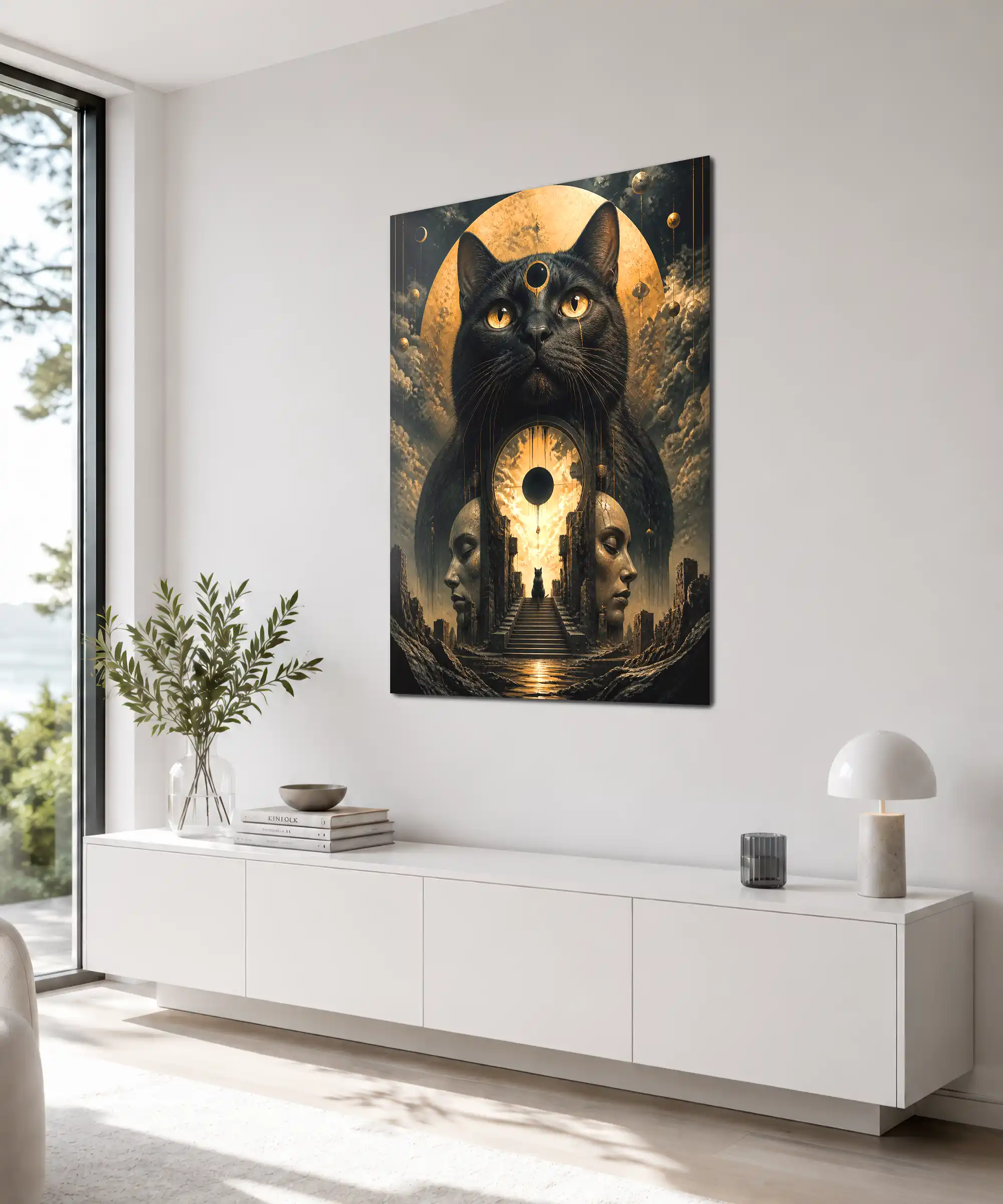 Mystic Cat Surreal Poster 4 painting Angled surreal cat wall art in an interior with a moonlit ruined city scene