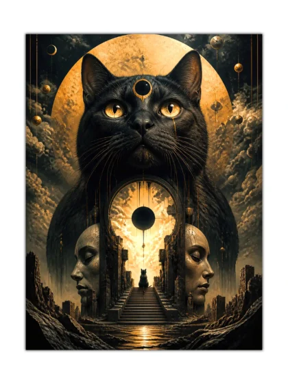 Black cat surreal poster with golden eyes, celestial ruins, and a glowing moon