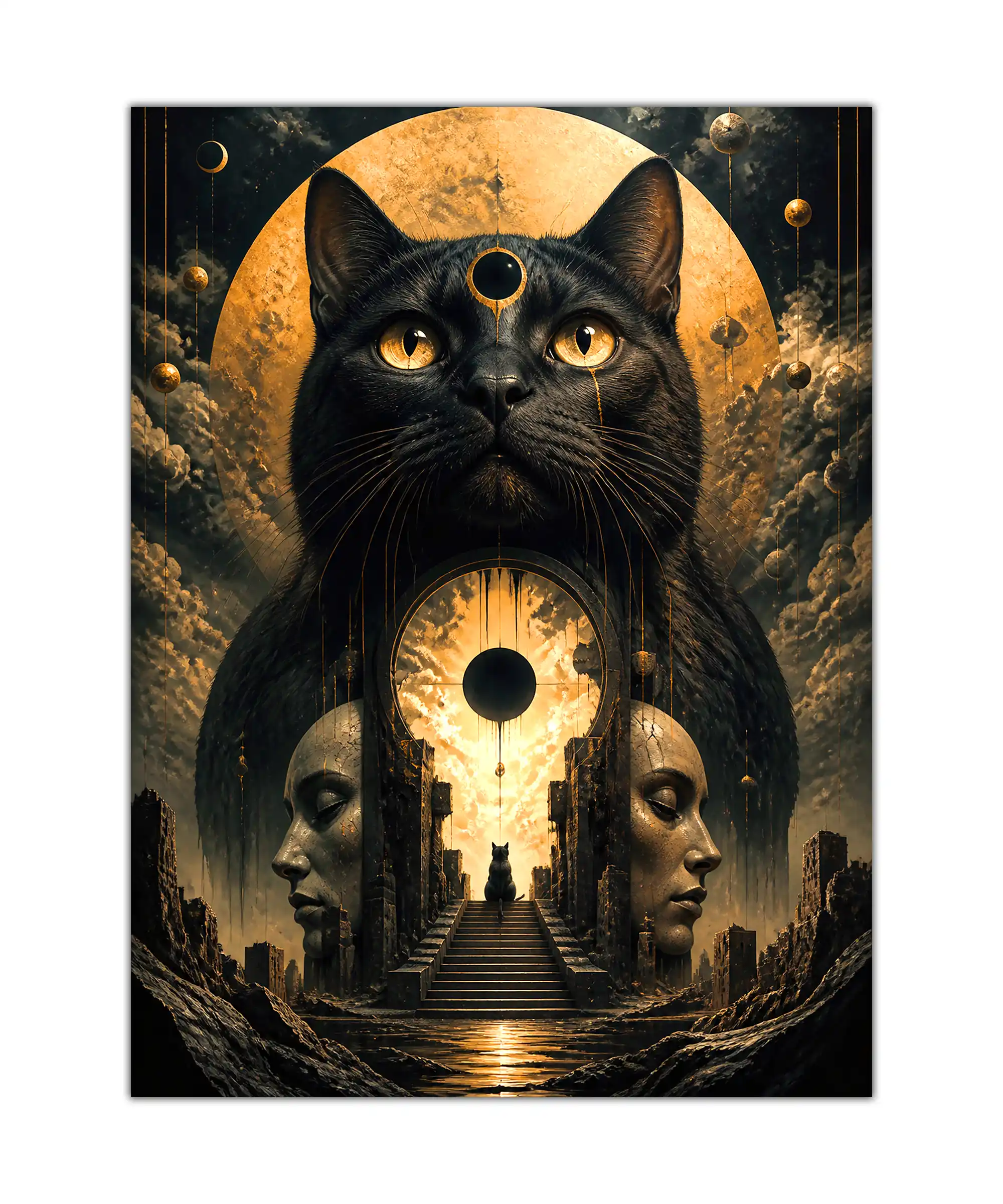 Mystic Cat Surreal Poster 1 painting Black cat surreal poster with golden eyes, celestial ruins, and a glowing moon