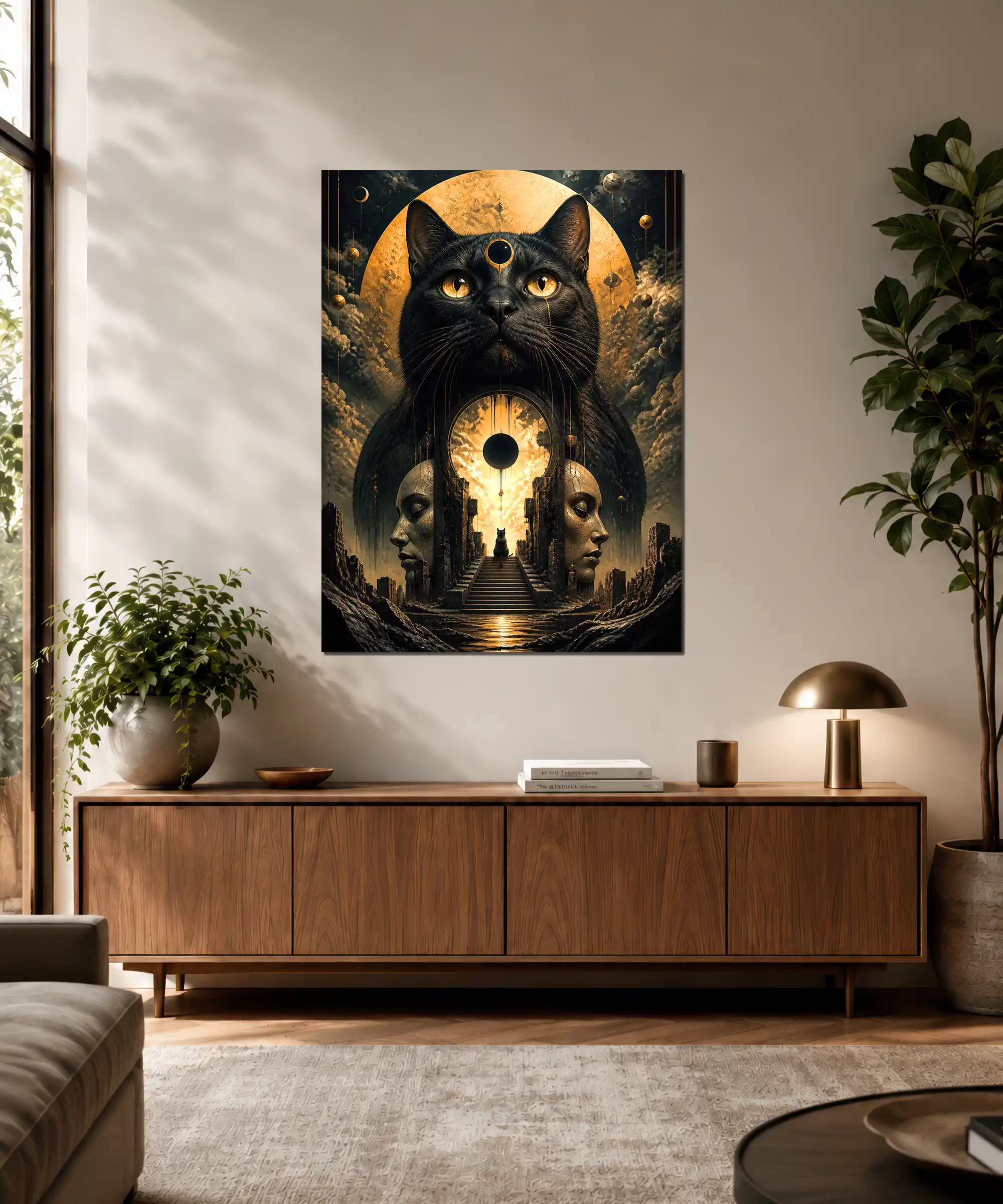 Mystic Cat Surreal Poster 3 painting Mystic black cat wall art displayed in an interior with celestial ruins and golden light