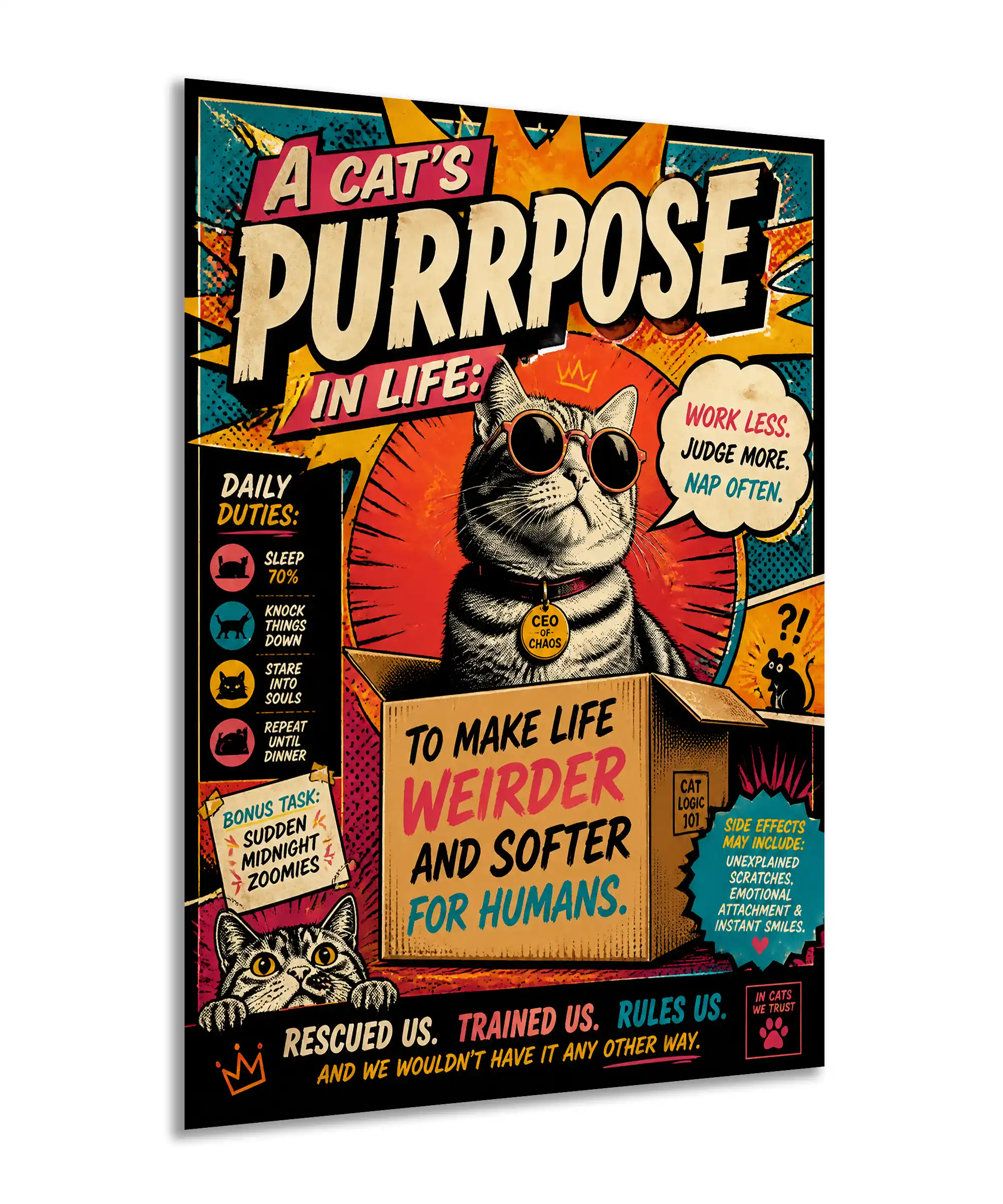 Cat's Purpose Cat Poster 2 painting Angled funny cat poster showing feline CEO artwork and colorful vintage comic graphics