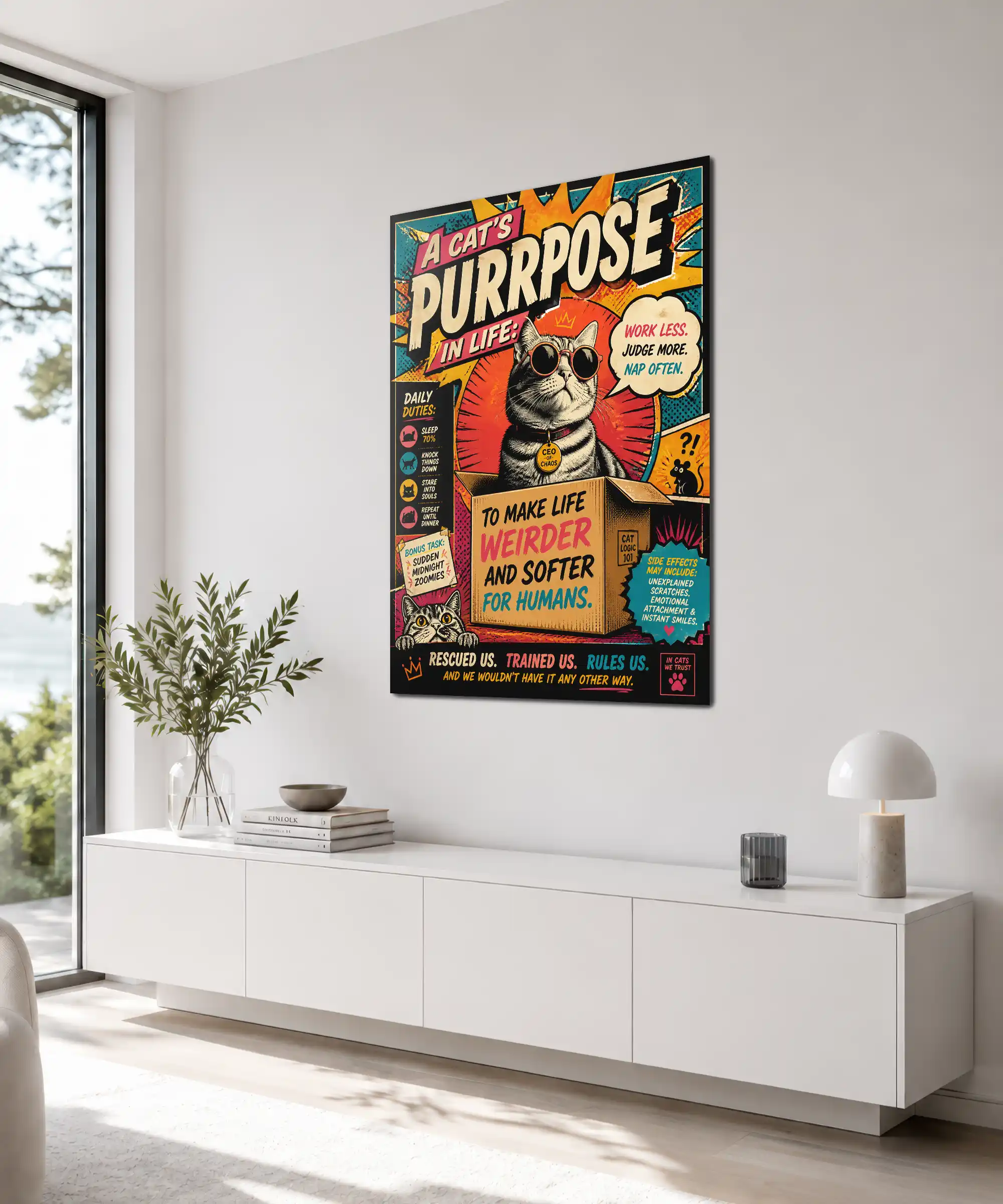 Cat's Purpose Cat Poster 4 painting Angled Cat's Purpose wall poster in an interior with sunglasses cat and bold typography
