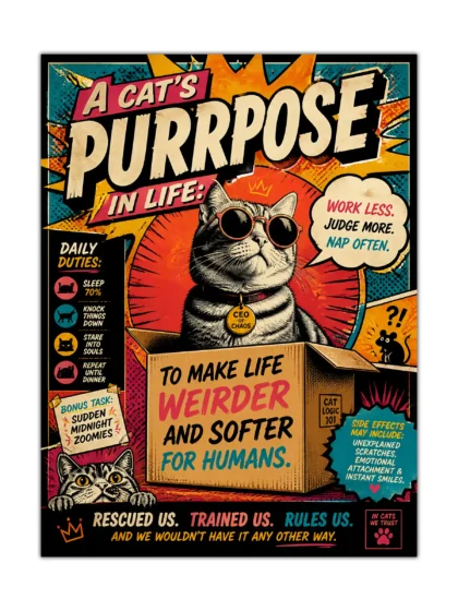Funny cat poster with sunglasses-wearing CEO of Chaos and bold retro comic typography