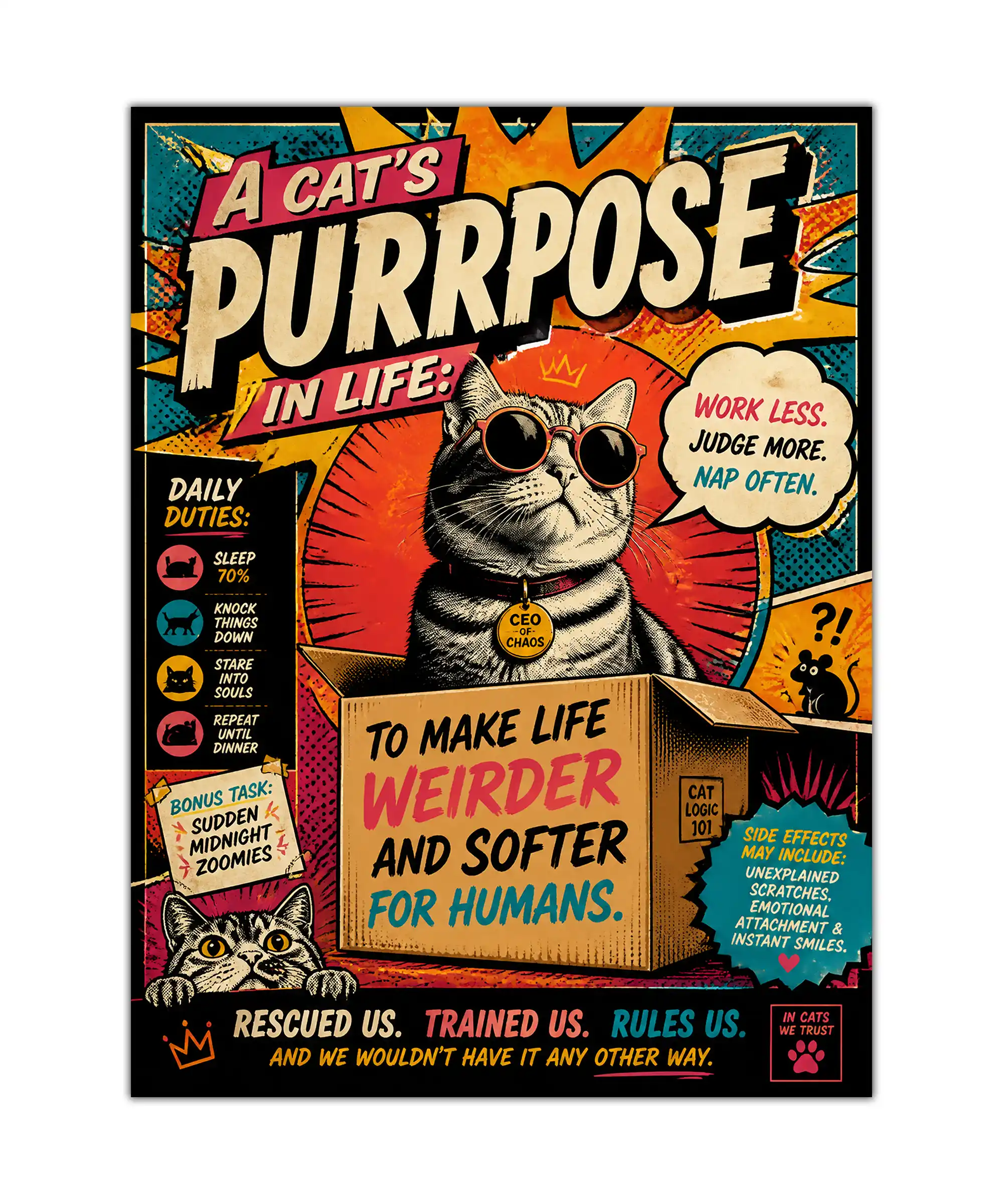 Cat's Purpose Cat Poster 1 painting Funny cat poster with sunglasses-wearing CEO of Chaos and bold retro comic typography