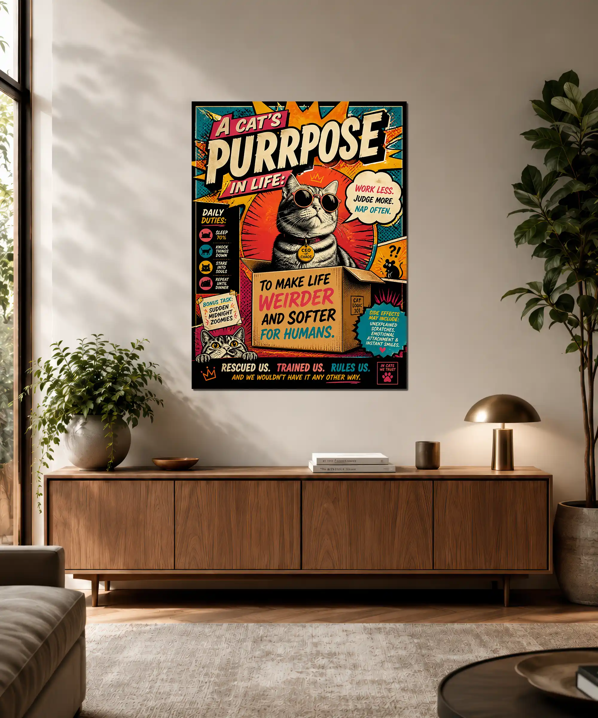Cat's Purpose Cat Poster 3 painting Cat's Purpose poster displayed in an interior with bold feline humor and comic-book color