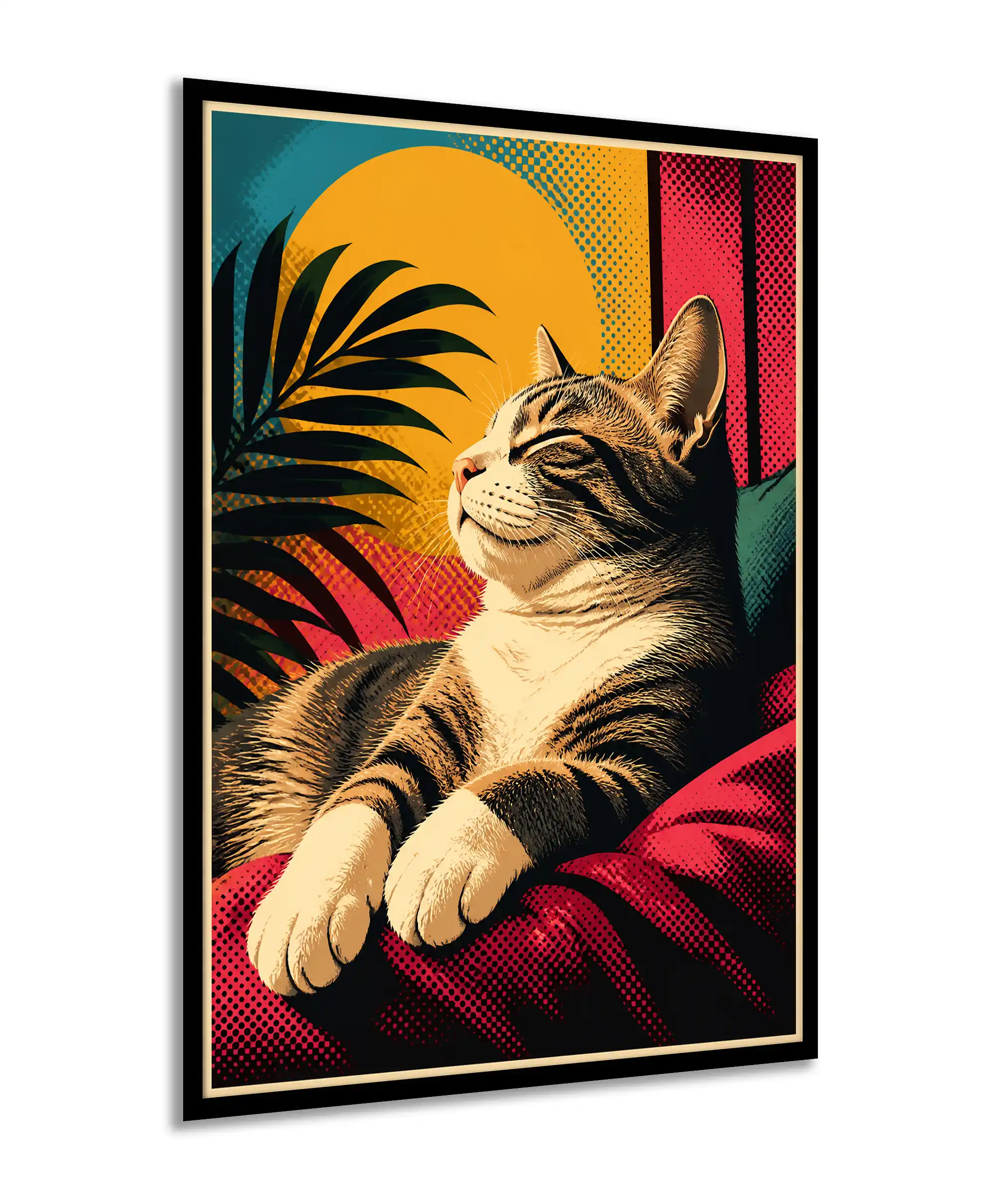 Sunlit Tabby Cat Poster 2 painting Angled sunlit tabby cat poster with tropical leaves and vivid retro colors