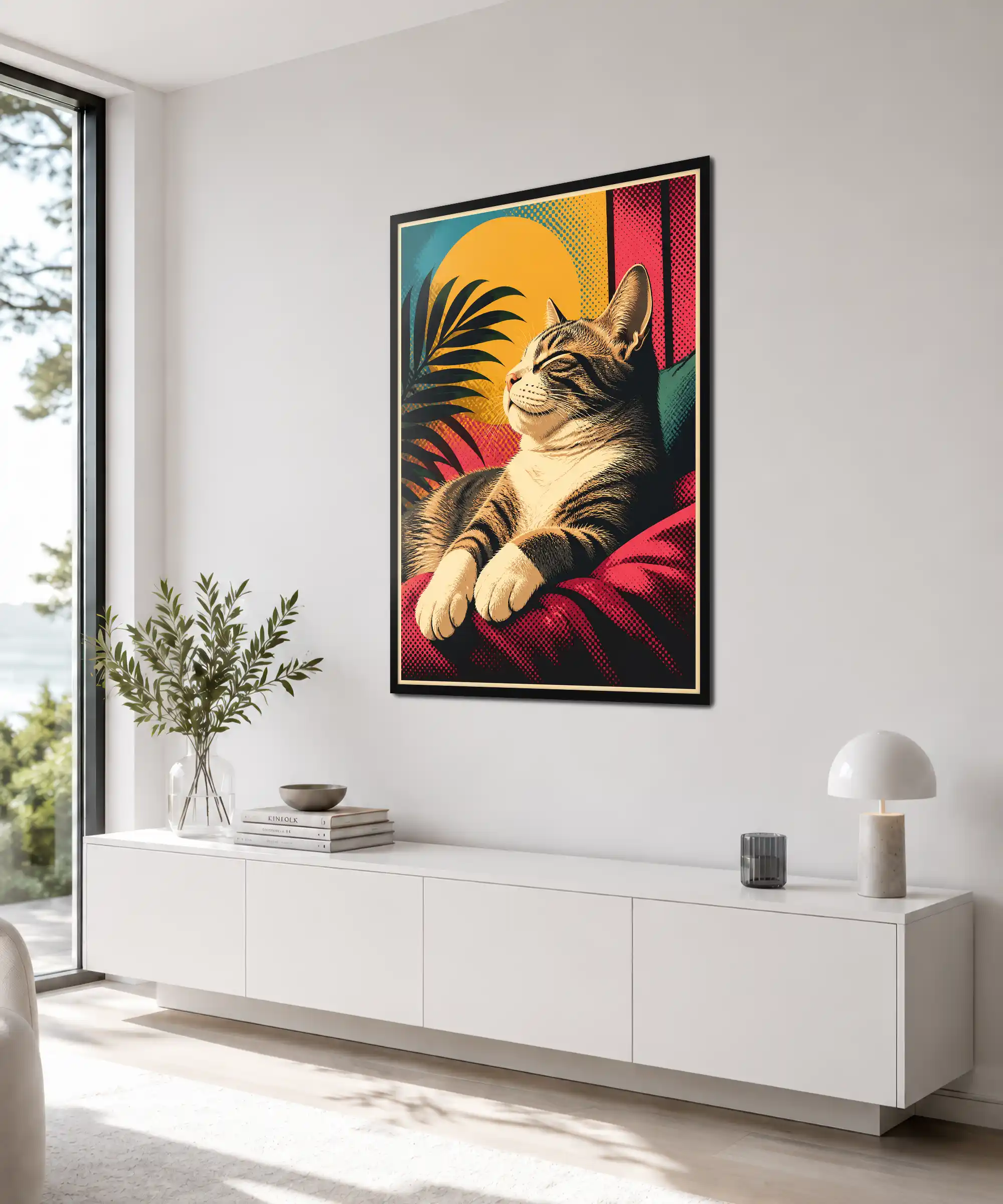 Sunlit Tabby Cat Poster 4 painting Angled tabby cat wall art displayed with tropical pop art styling