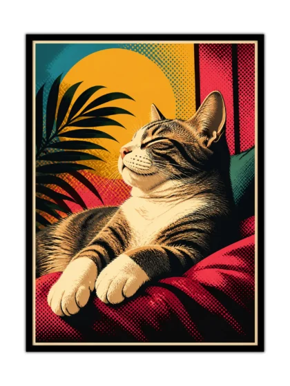 Relaxed tabby cat poster with tropical leaves, bold pop art colors, and halftone texture