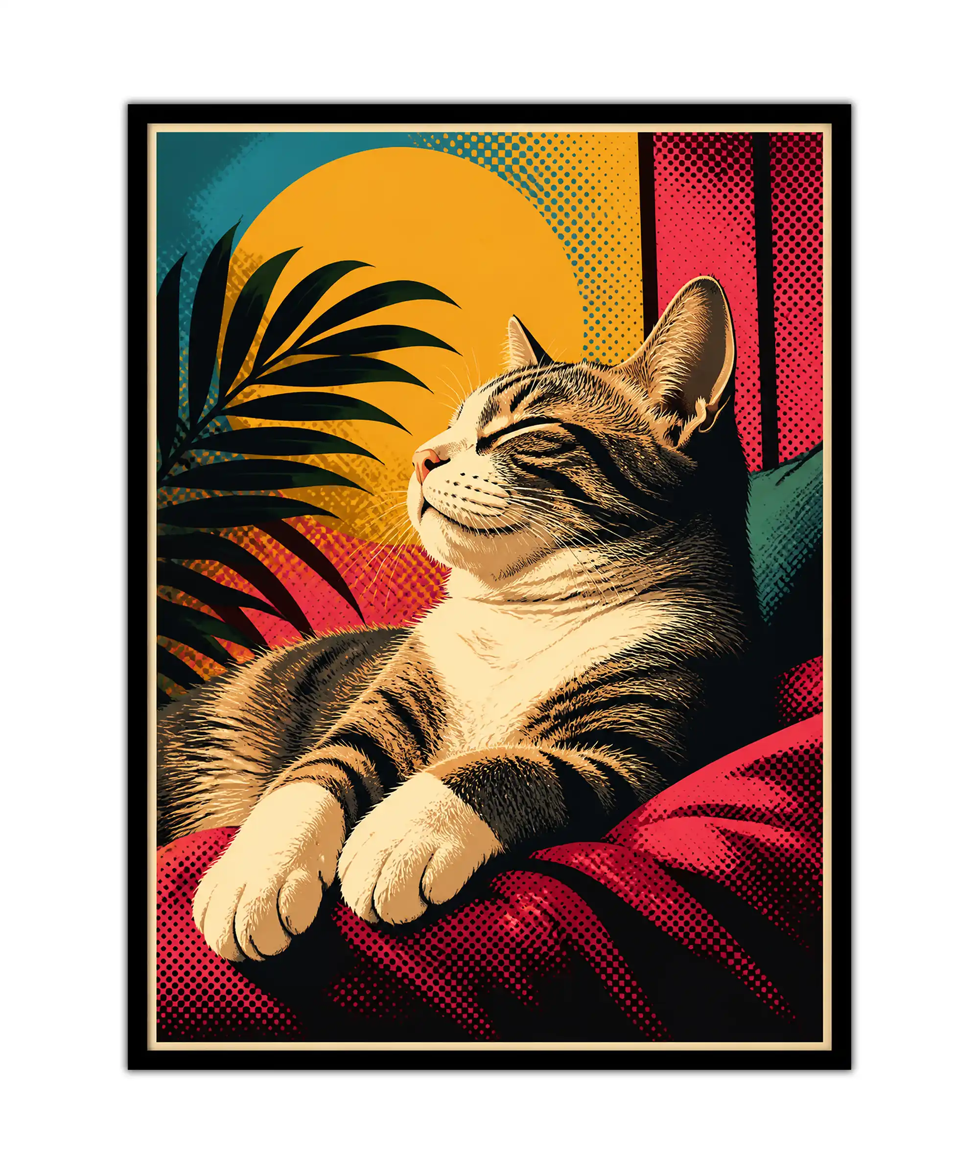 Sunlit Tabby Cat Poster 1 painting Relaxed tabby cat poster with tropical leaves, bold pop art colors, and halftone texture