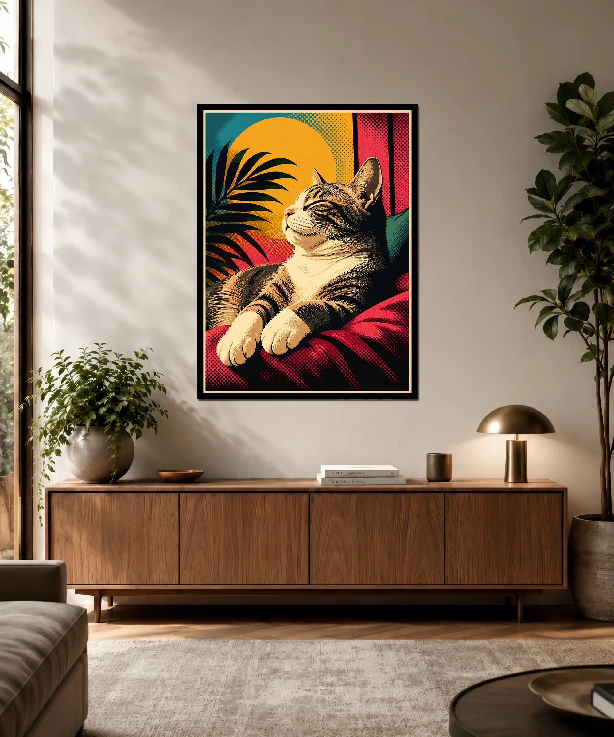 Sunlit Tabby Cat Poster 3 painting Sunlit tabby cat wall art displayed in a colorful modern interior