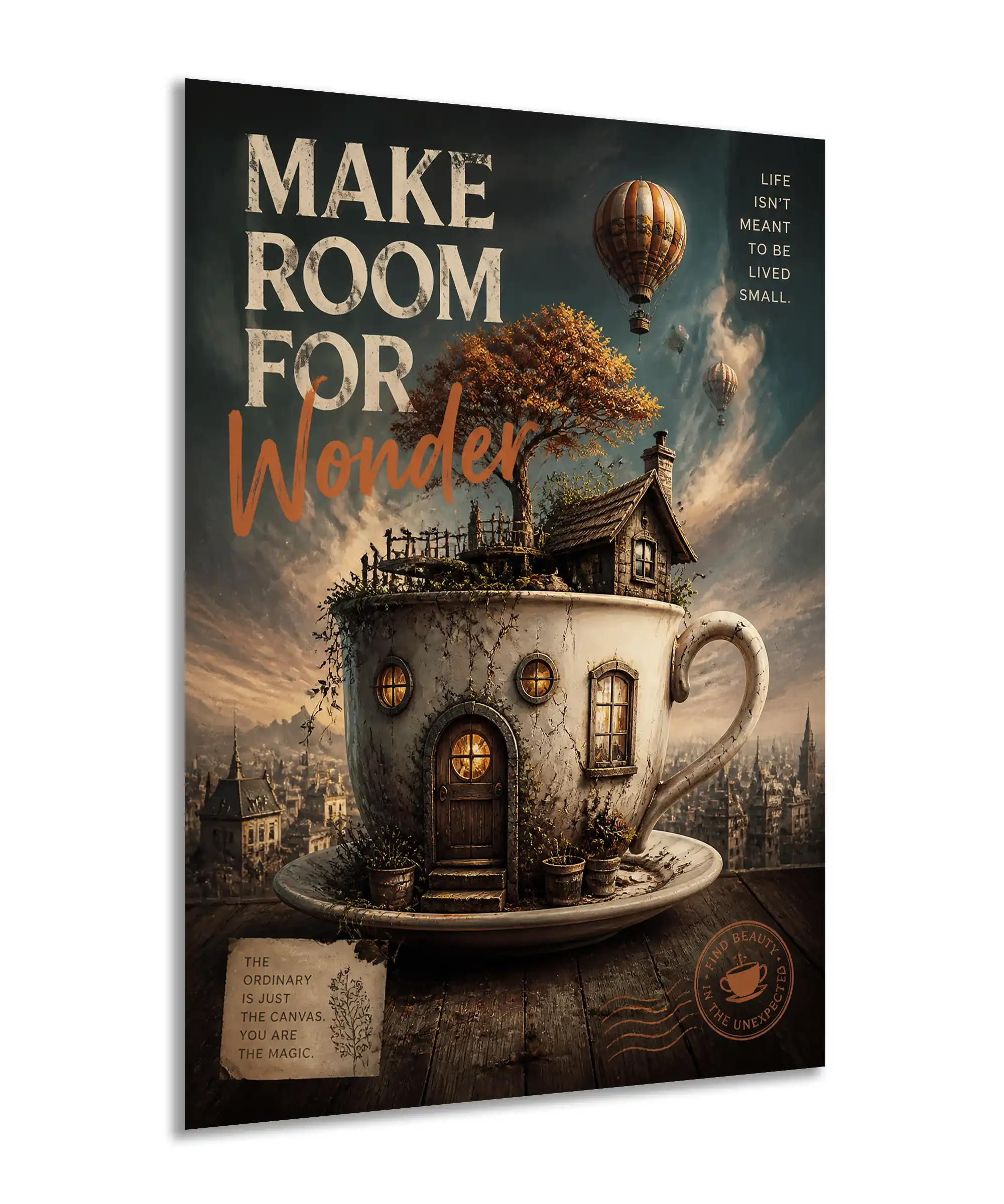 Wonder Aesthetic Poster 2 painting Angled teacup cottage poster with balloons, autumn tree, and vintage typography