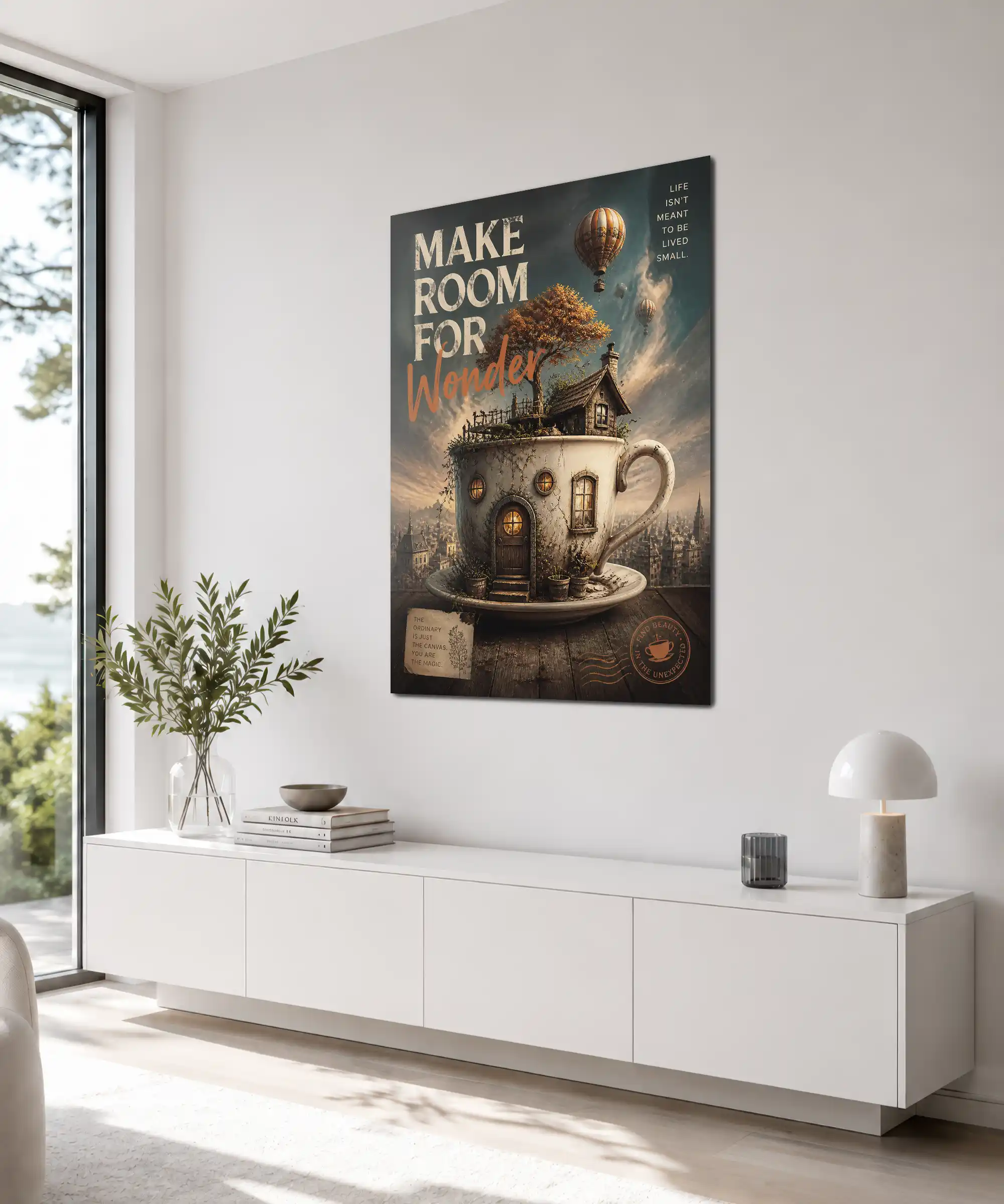 Wonder Aesthetic Poster 4 painting Angled teacup house wall art displayed in a cozy creative interior