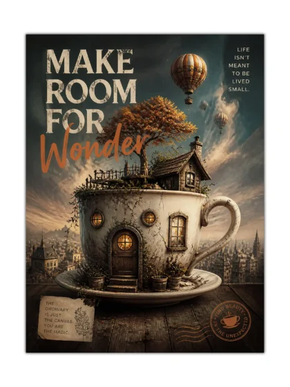 Surreal teacup house poster with hot air balloons, city skyline, and wonder quote