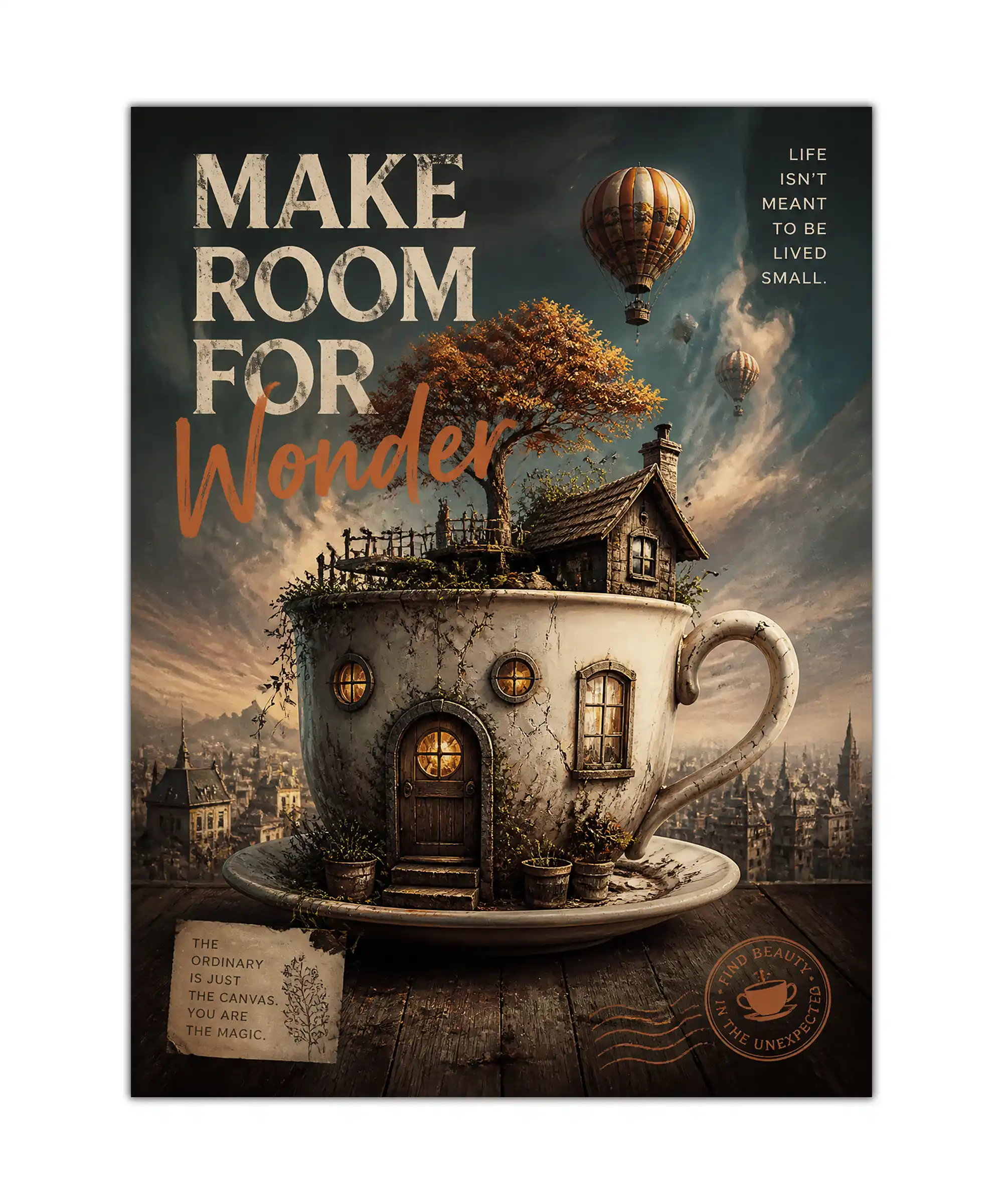 Wonder Aesthetic Poster 1 painting Surreal teacup house poster with hot air balloons, city skyline, and wonder quote