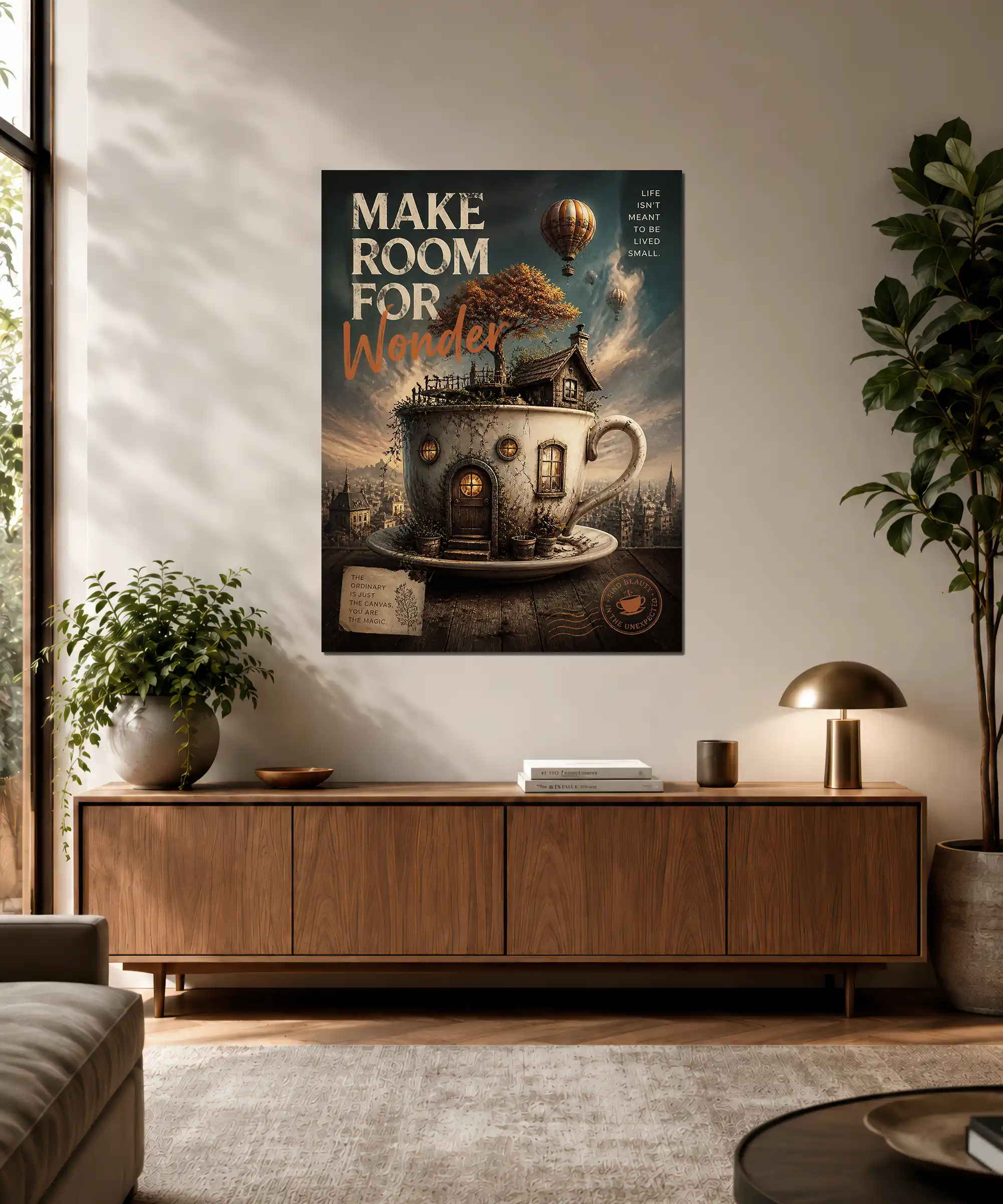 Wonder Aesthetic Poster 3 painting Teacup house wall poster displayed in a warm living room interior
