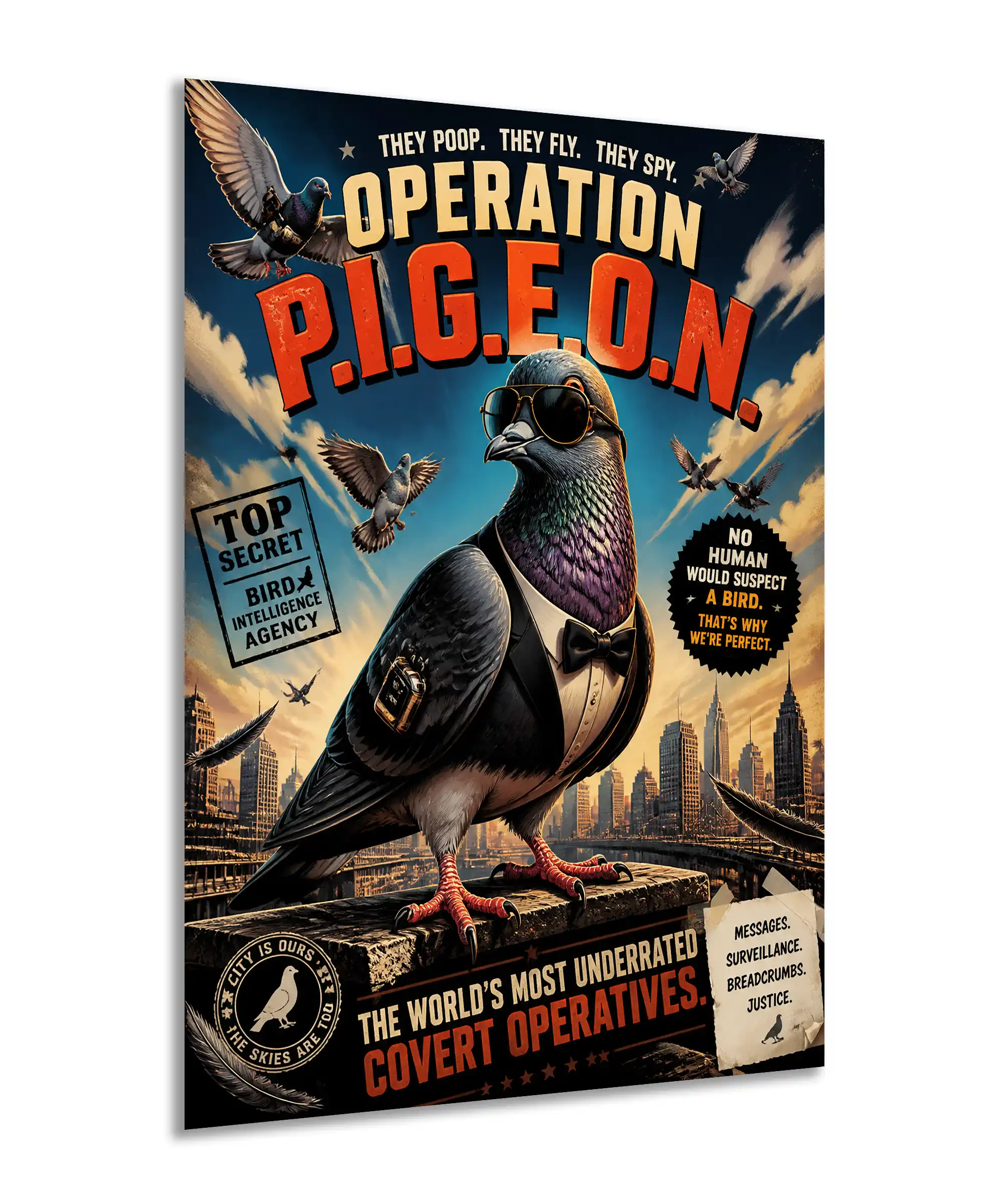 Covert Pigeon Bird Poster 2 painting Angled Covert Pigeon bird poster showing spy graphics and vintage city scene