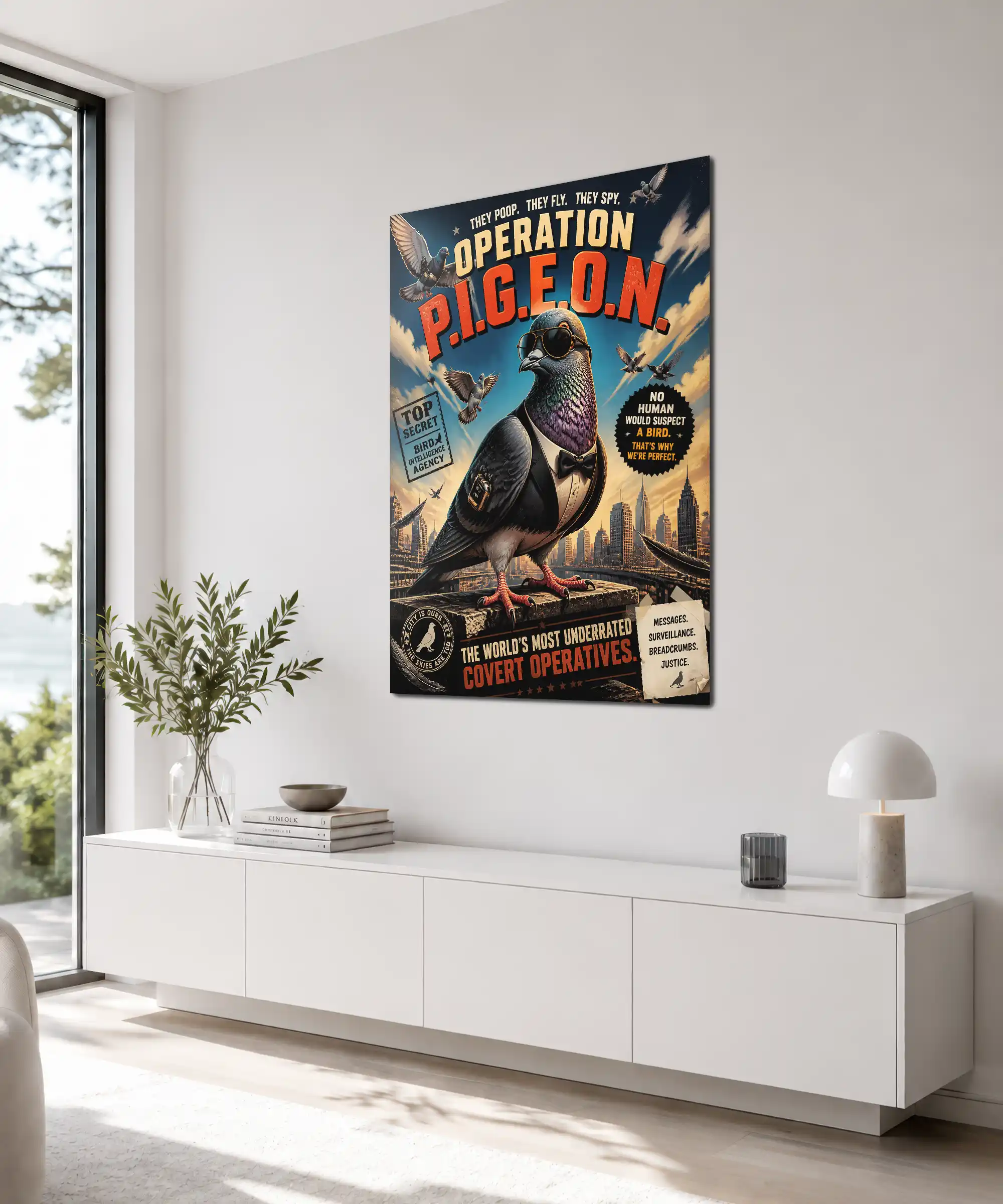 Covert Pigeon Bird Poster 4 painting Angled pigeon intelligence poster displayed in an interior with vintage style