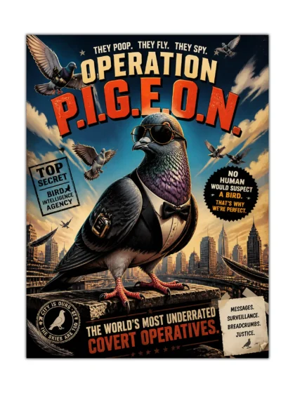 Tuxedo pigeon wearing sunglasses in a vintage spy poster with city skyline