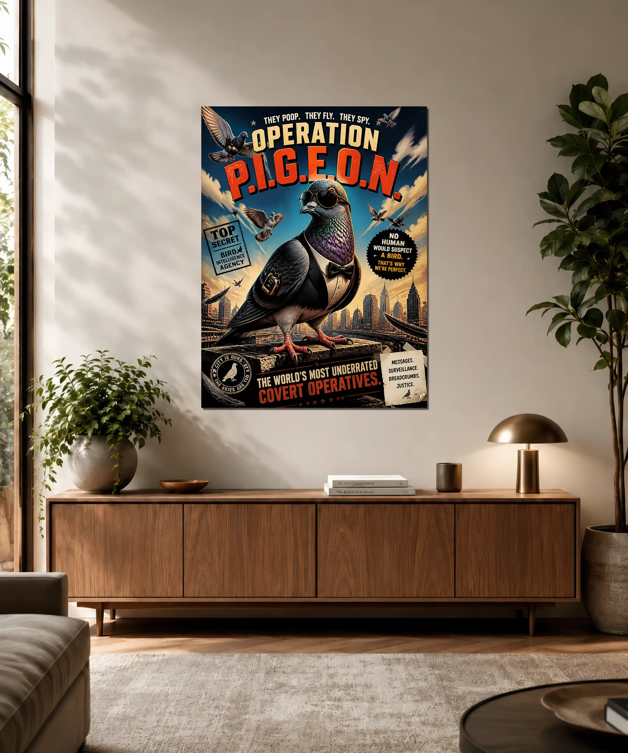 Covert Pigeon Bird Poster 3 painting Covert pigeon spy poster displayed on a wall in a stylish interior