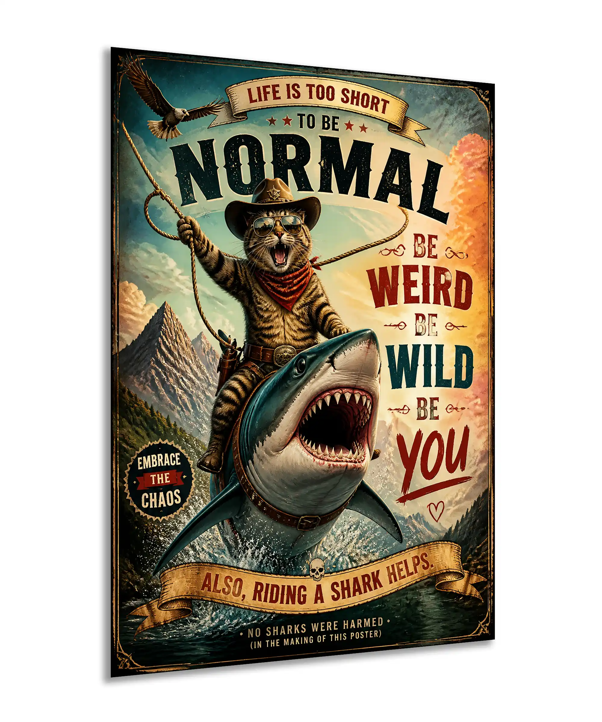 Wild Ride Cat Poster 2 painting Angled view of a funny cowboy cat and shark adventure poster with bold vintage lettering