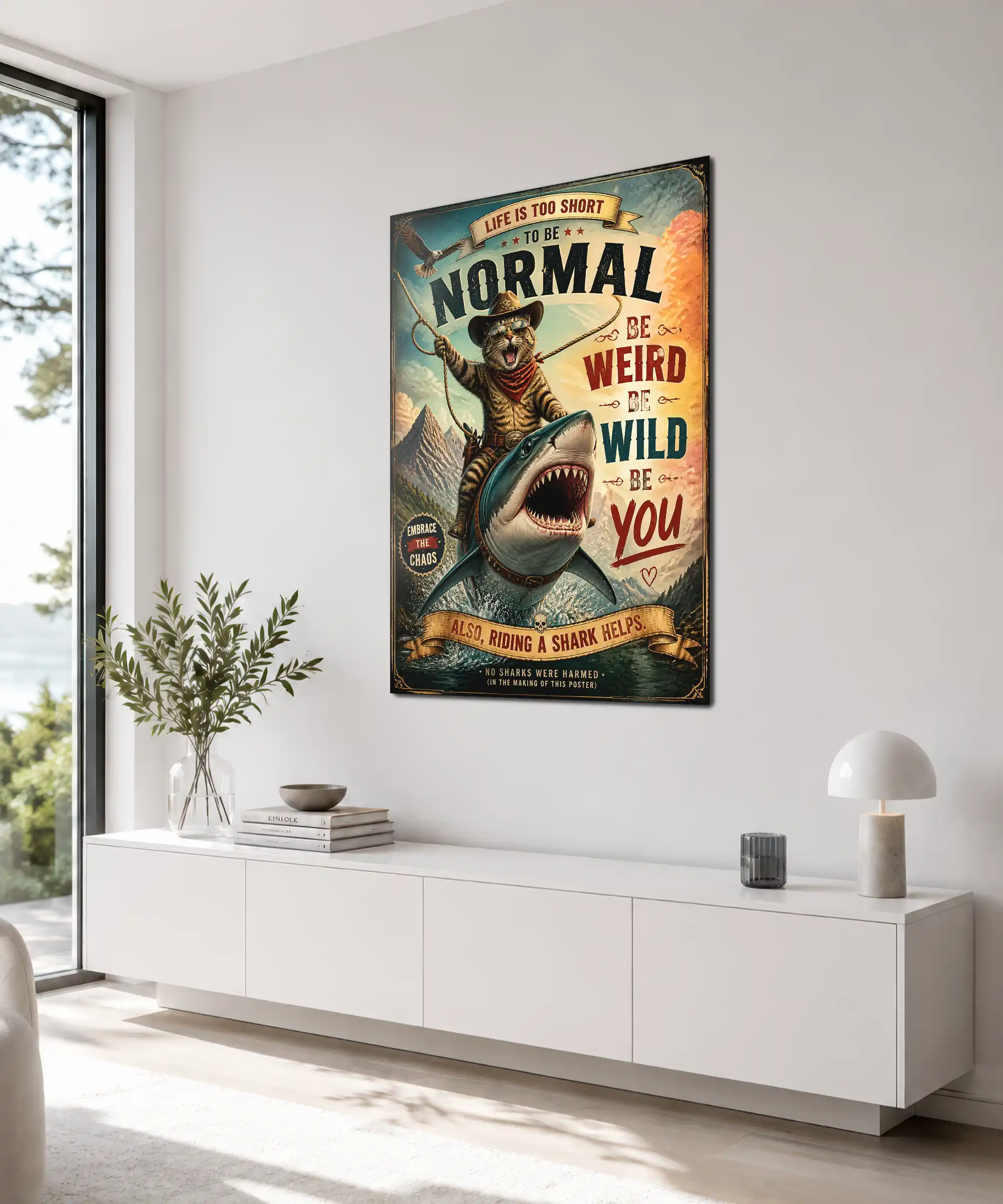 Wild Ride Cat Poster 4 painting Angled interior view of vintage shark riding cat poster with mountain landscape