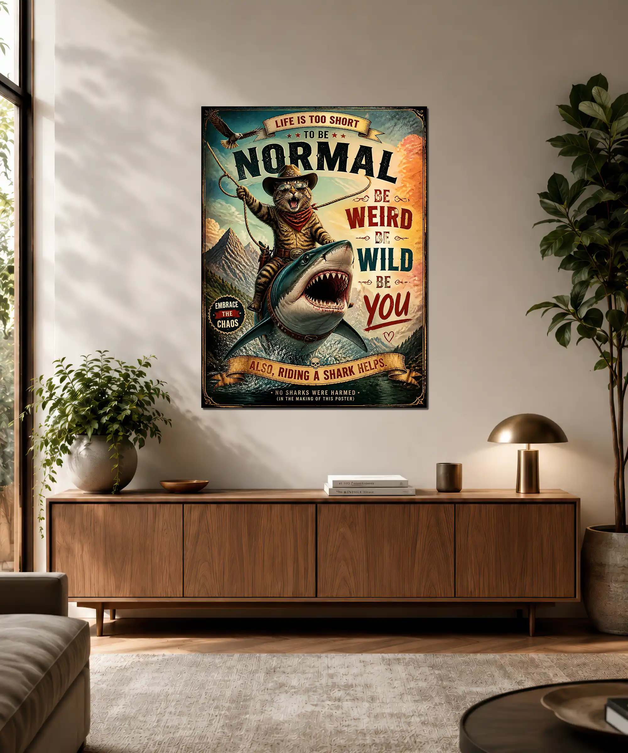 Wild Ride Cat Poster 3 painting Cowboy cat shark poster displayed in an interior with colorful vintage adventure art