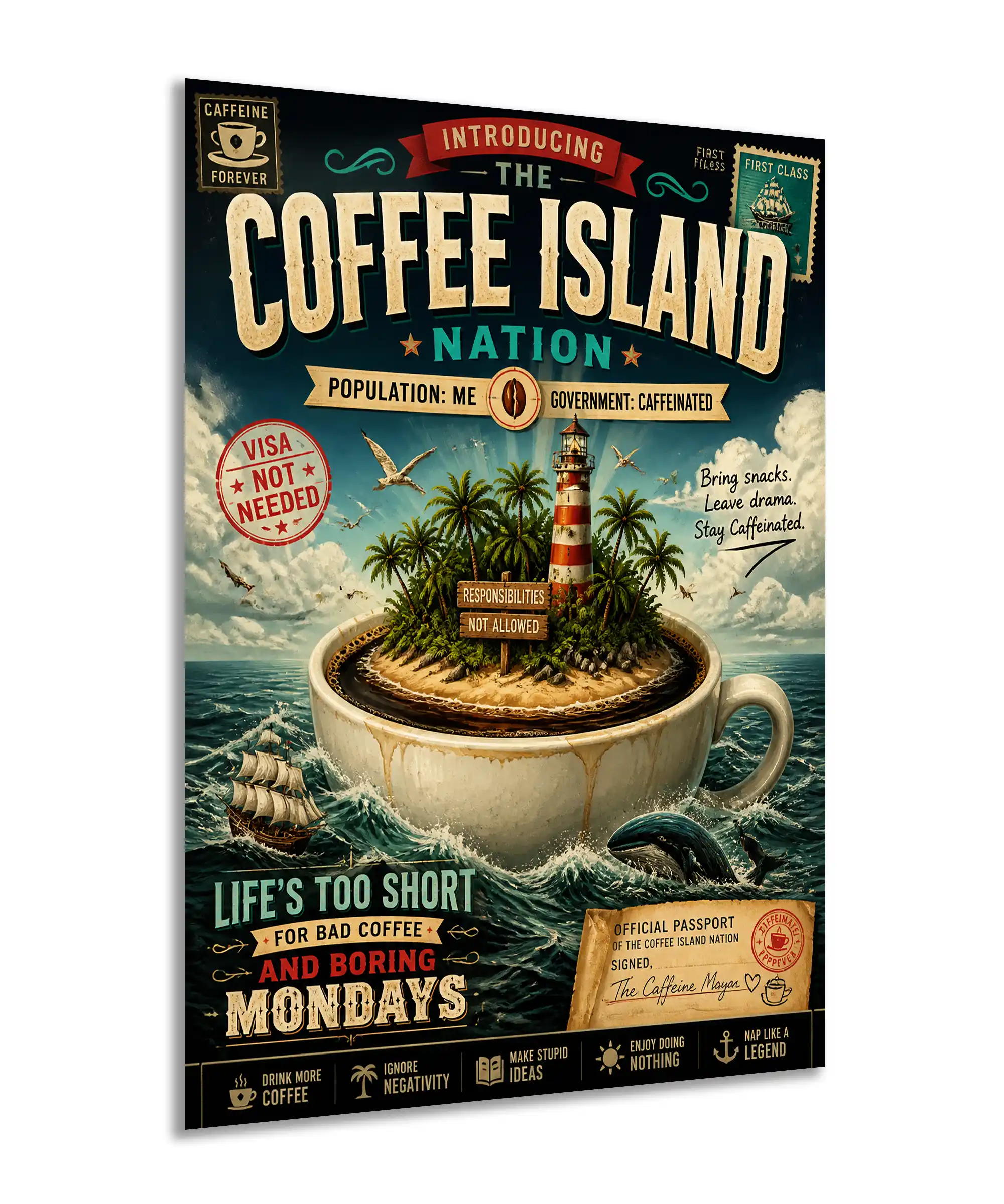 Coffee Island Coffee Poster 2 painting Angled Coffee Island poster showing a giant coffee cup island and vintage tropical travel design