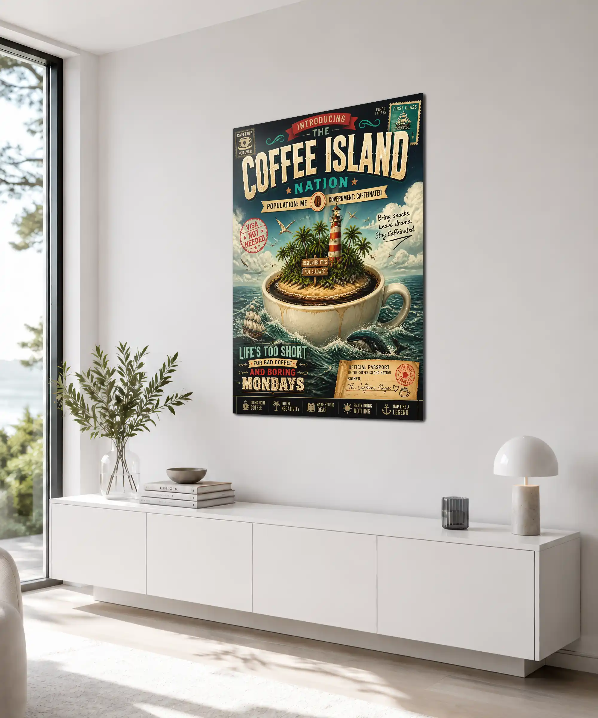 Coffee Island Coffee Poster 4 painting Angled Coffee Island wall poster in an interior with lighthouse, ocean waves, and coffee cup island