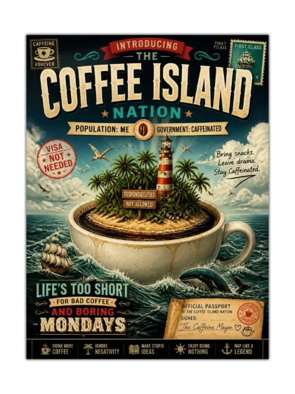 Coffee Island coffee poster with tropical island, lighthouse, ocean, whale, and bold vintage lettering