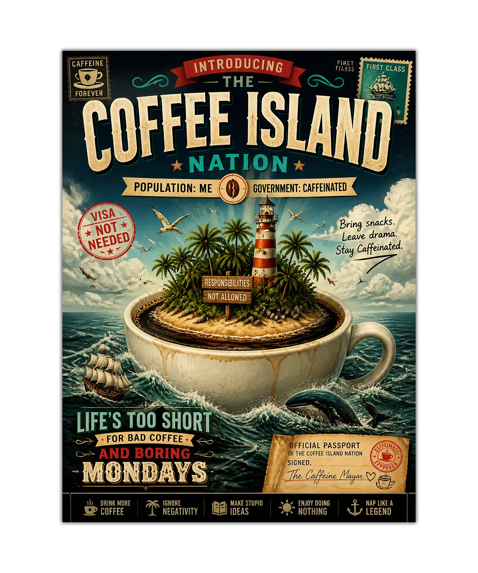 Coffee Island Coffee Poster 1 painting Coffee Island coffee poster with tropical island, lighthouse, ocean, whale, and bold vintage lettering